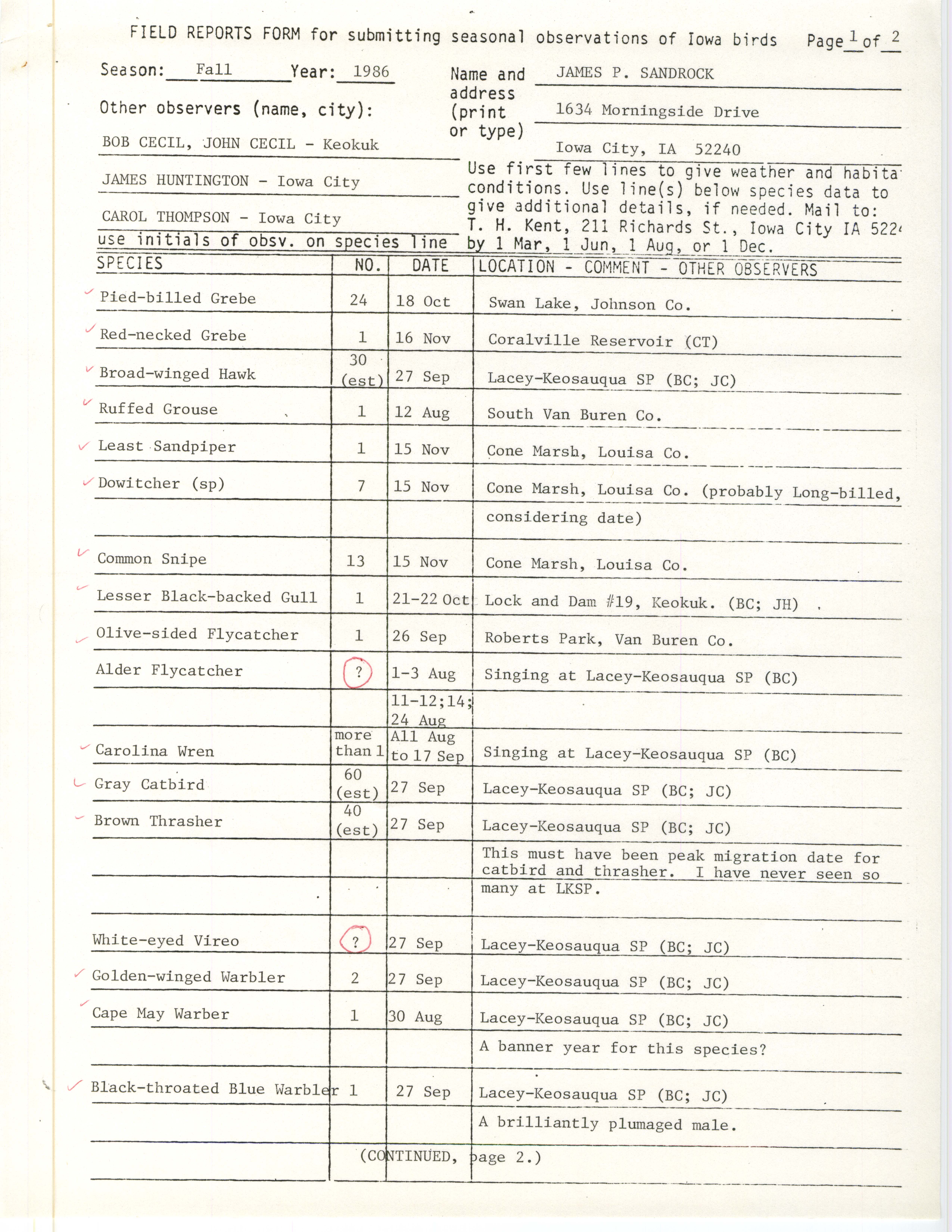Field reports form for submitting seasonal observations of Iowa birds, James P. Sandrock, fall 1986