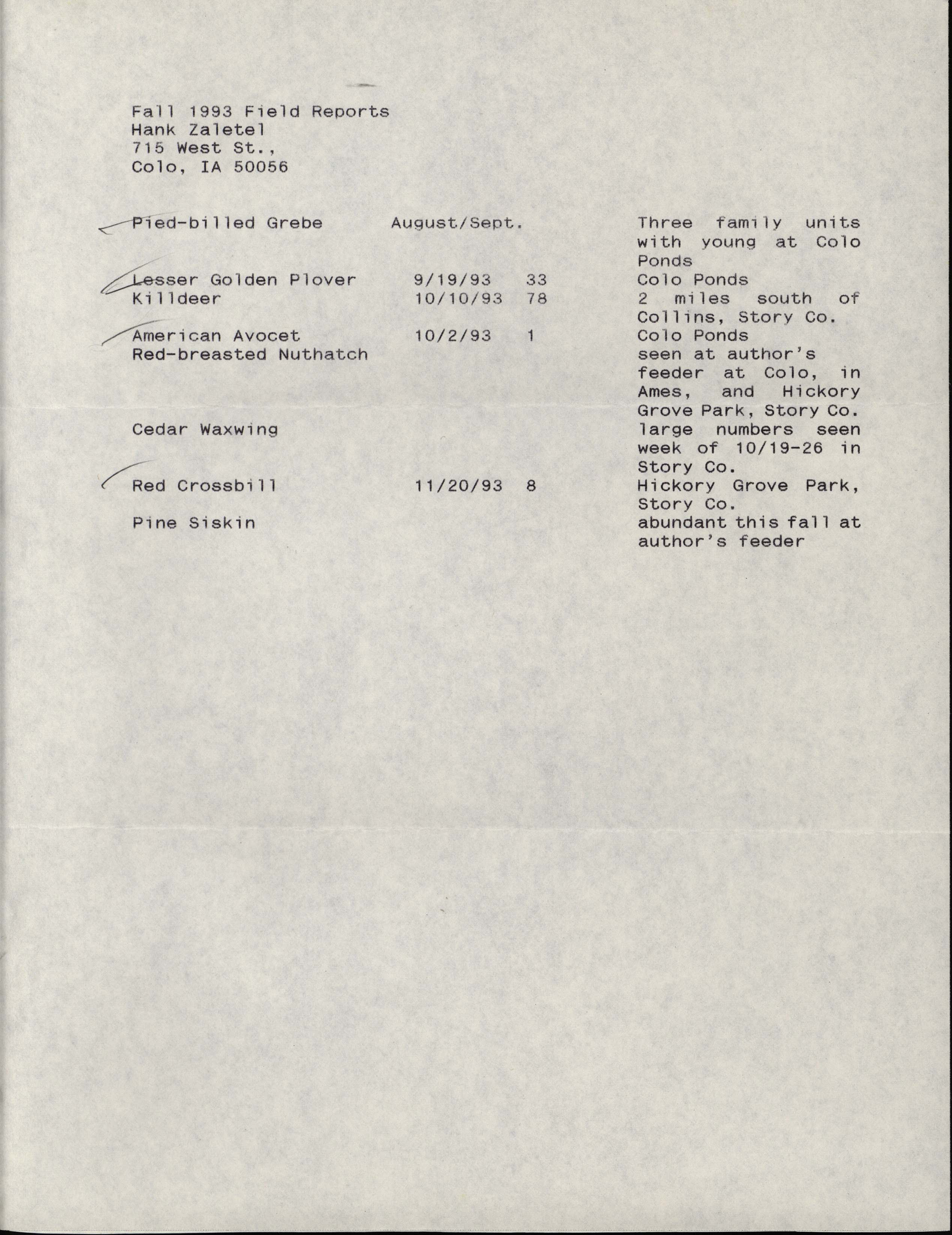 Field notes contributed by Hank Zaletel, fall 1993