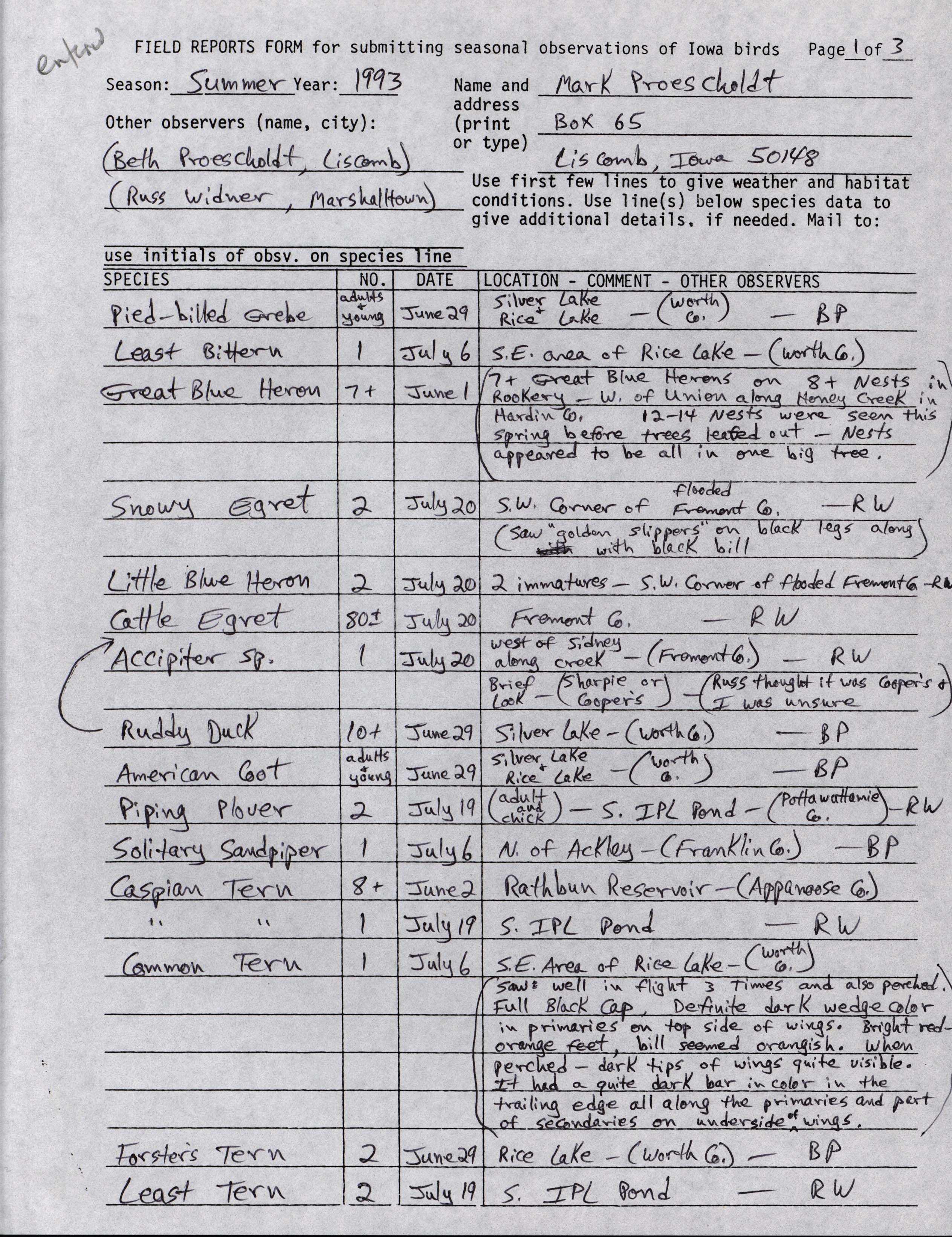 Field reports form for submitting seasonal observations of Iowa birds, Mark Proescholdt, summer 1993