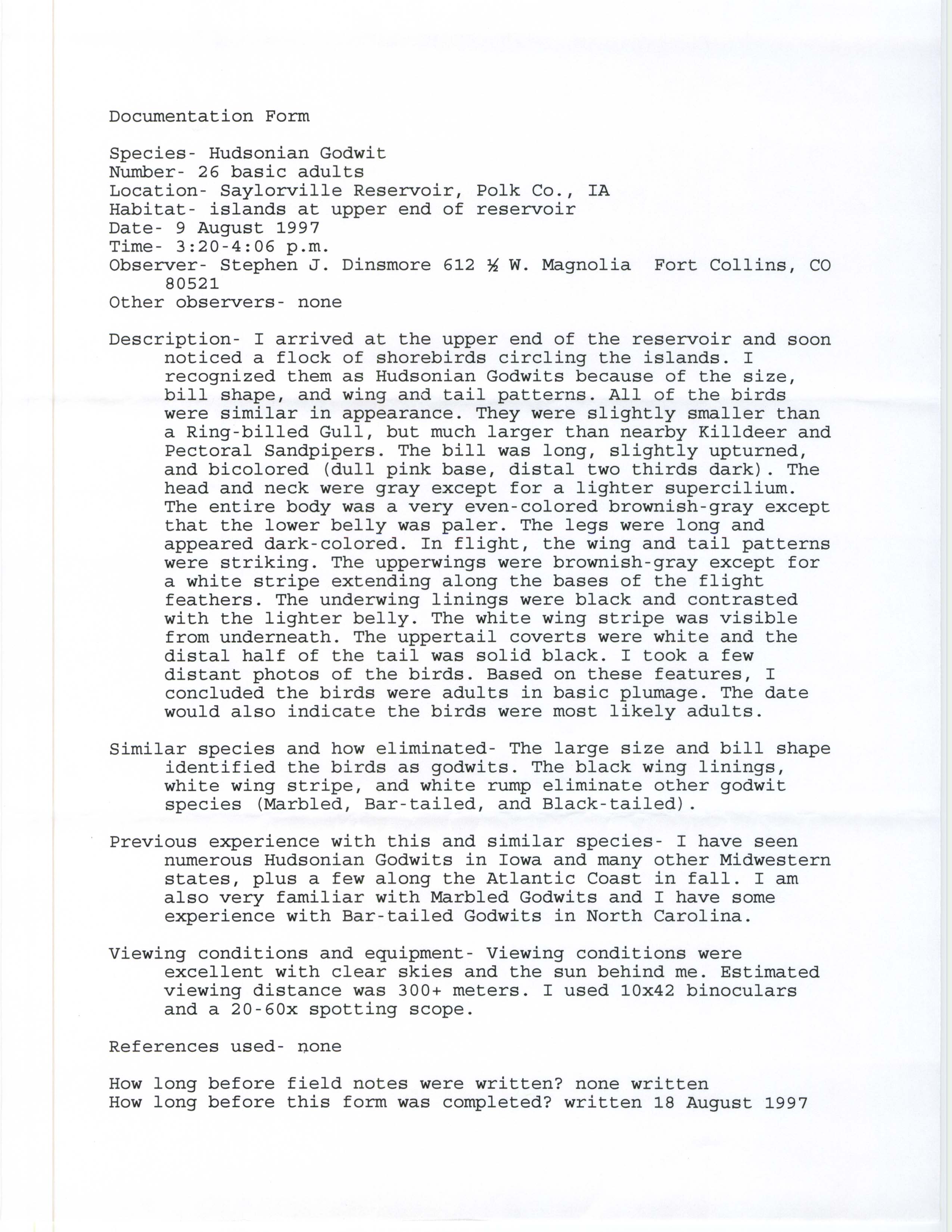 Rare bird documentation form for Hudsonian Godwit at Saylorville Reservoir, 1997