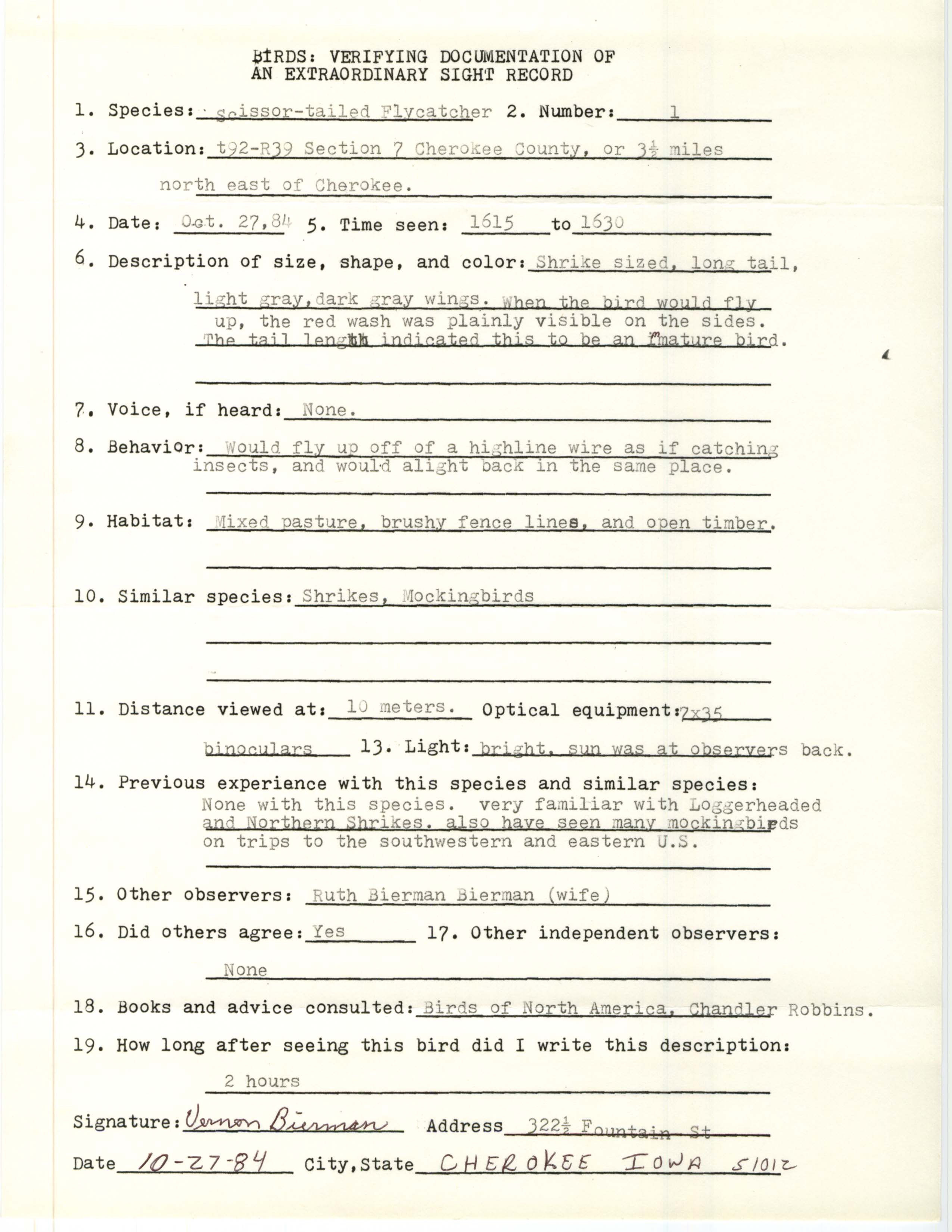 Rare bird documentation form for Scissor-tailed Flycatcher northeast of Cherokee, 1984