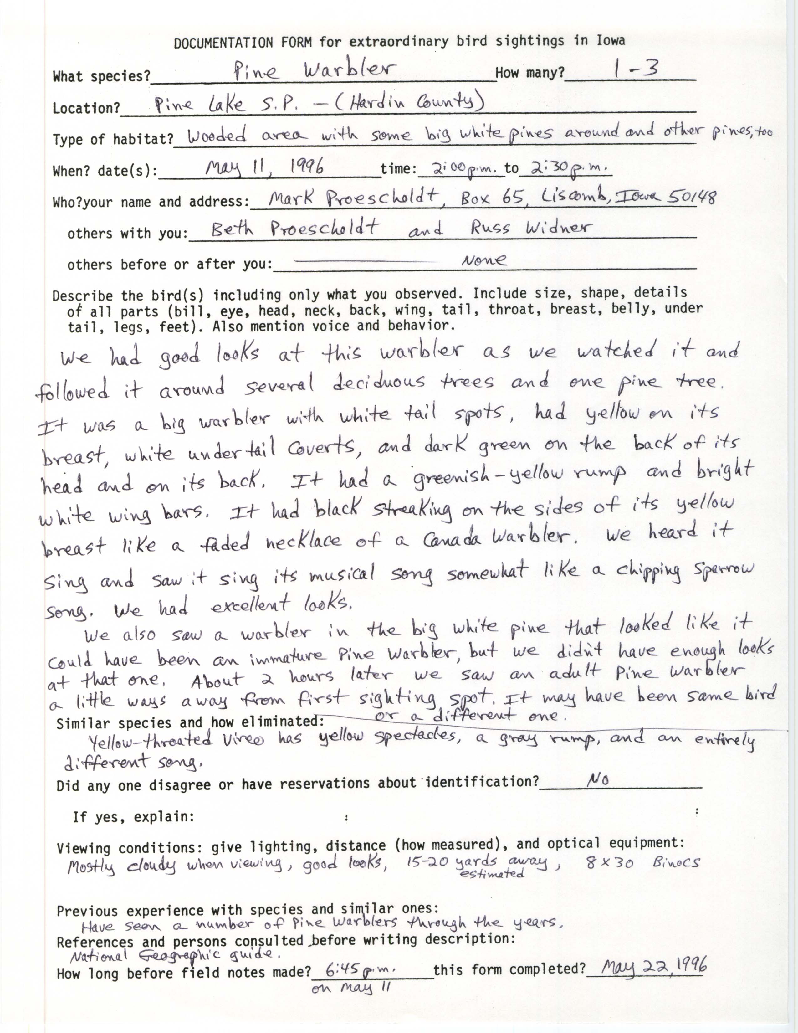 Rare bird documentation form for Pine Warbler at Pine Lake State Park, 1996