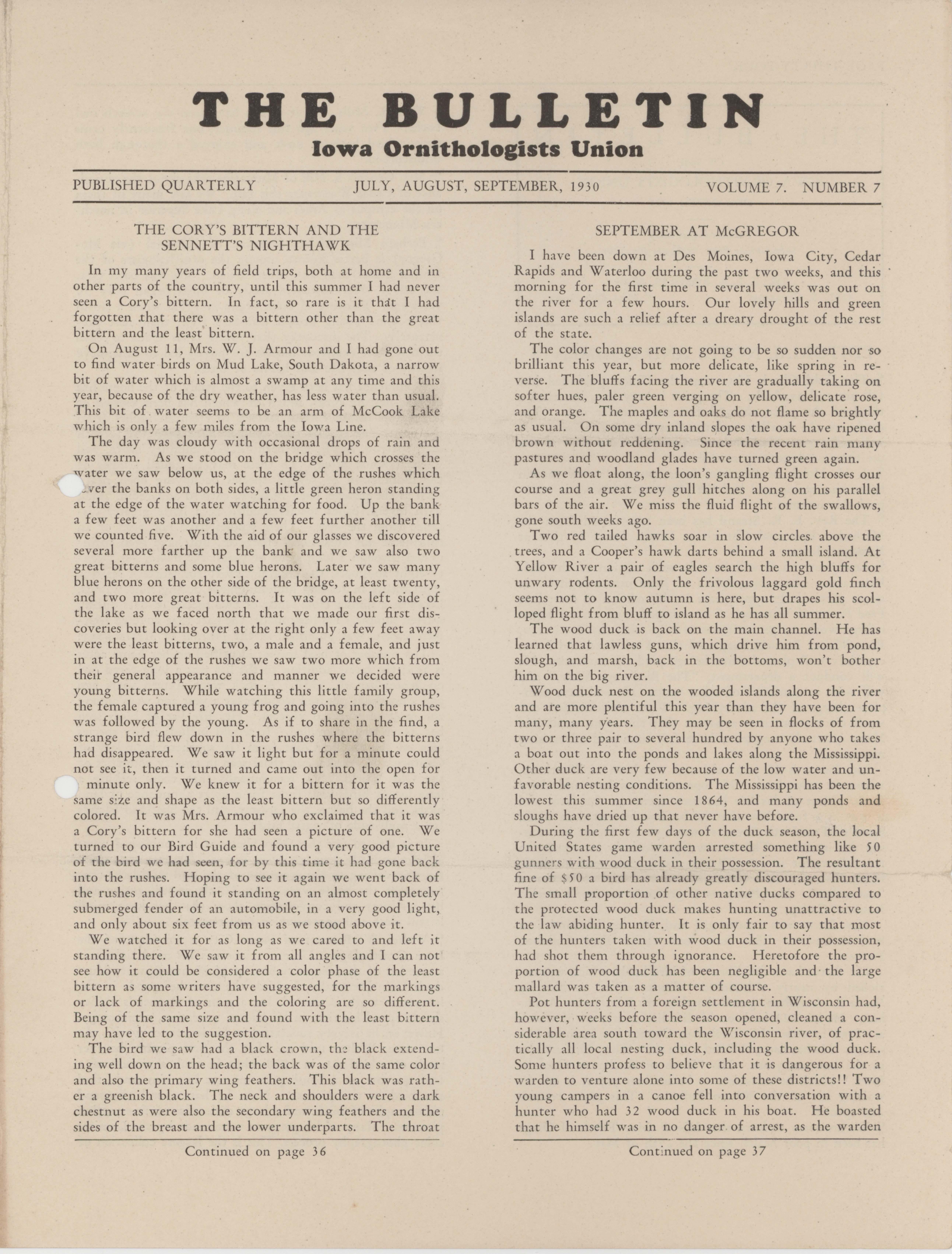 Bulletin (Iowa Ornithologists Union), Volume 7, Number 7, July/September 1930