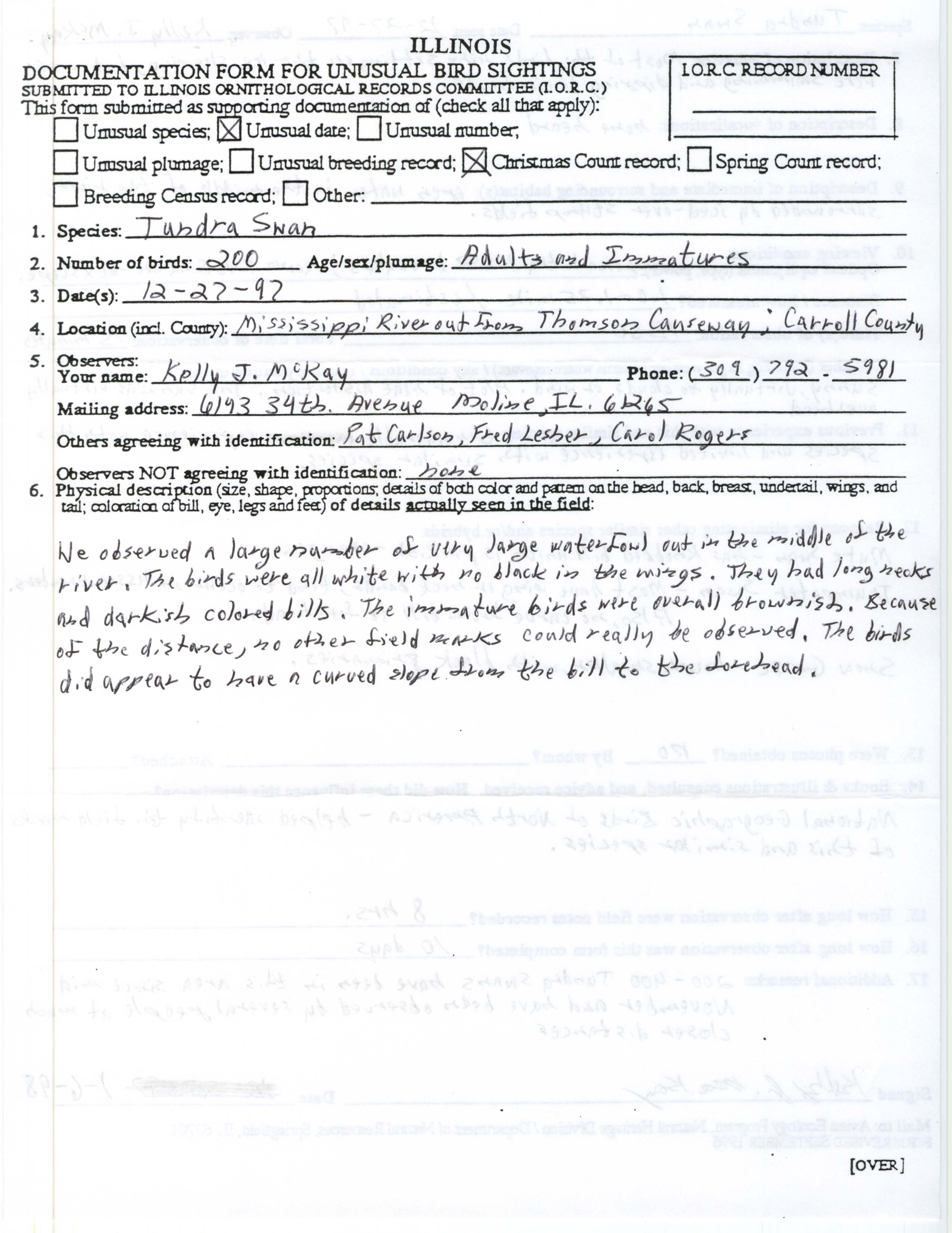 Rare bird documentation form for Tundra Swan at Thomson Causeway, 1997