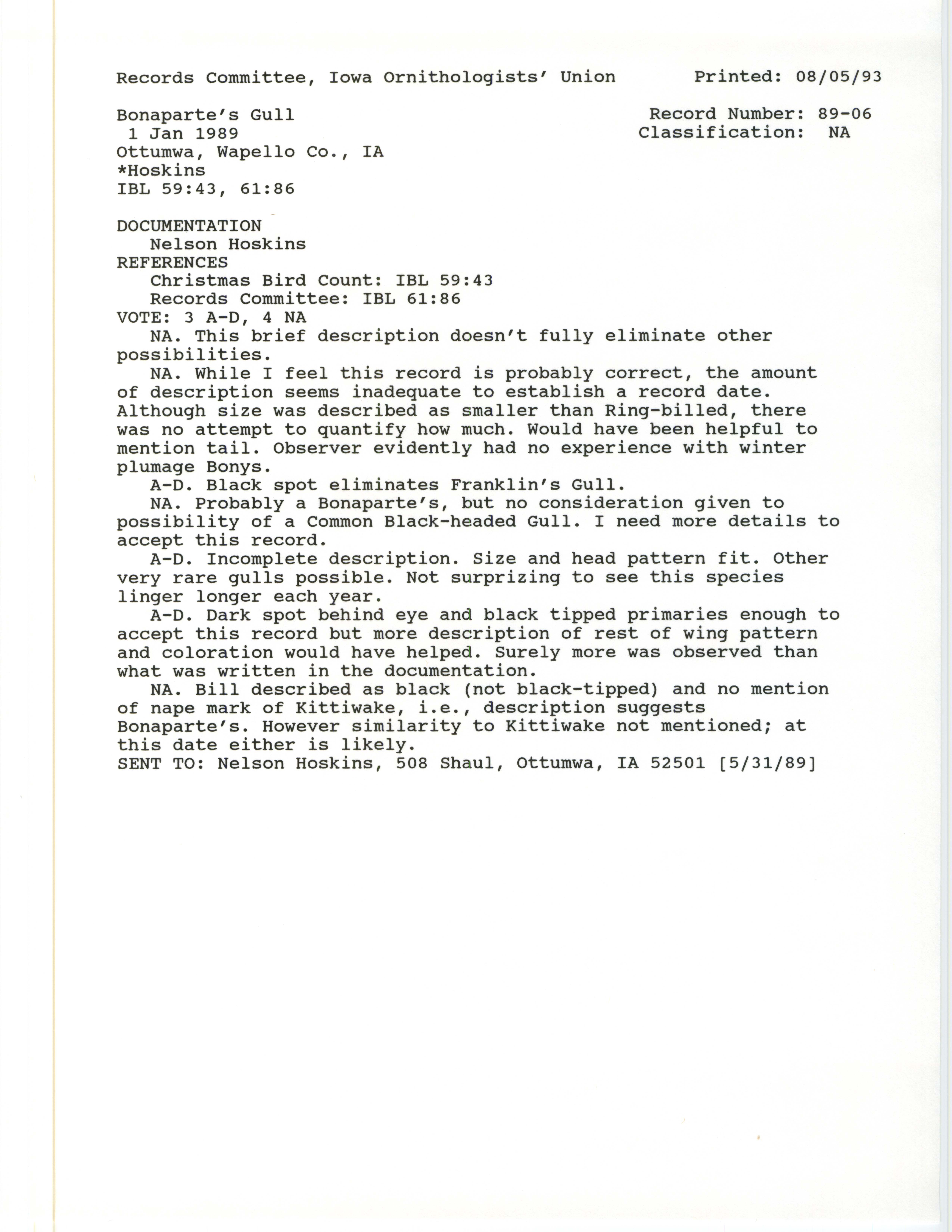 Records Committee review for rare bird sighting of Bonaparte's Gull at Ottumwa, 1989