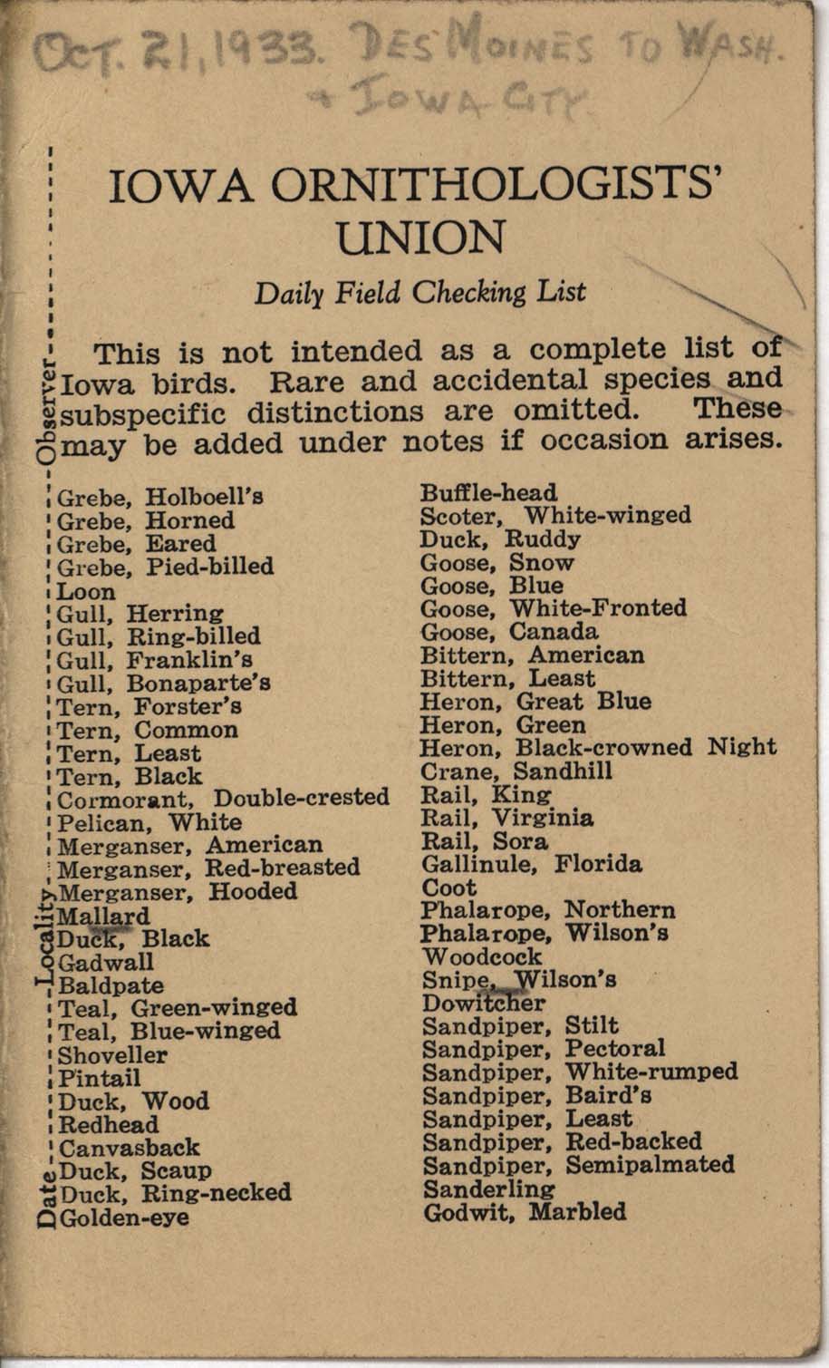 Daily field checking list, Philip DuMont, October 21, 1933