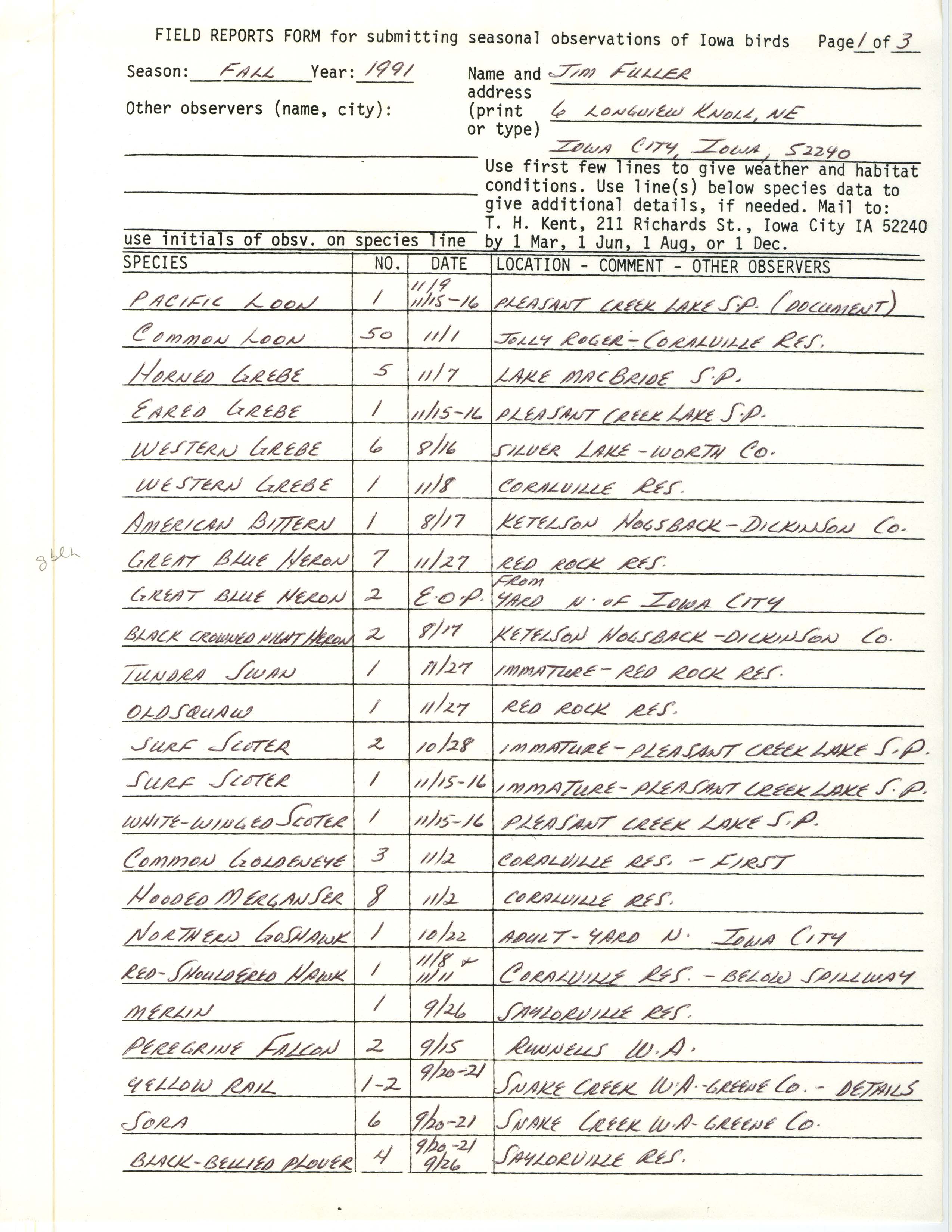 Field reports form for submitting seasonal observations of Iowa birds, James L. Fuller, fall 1991