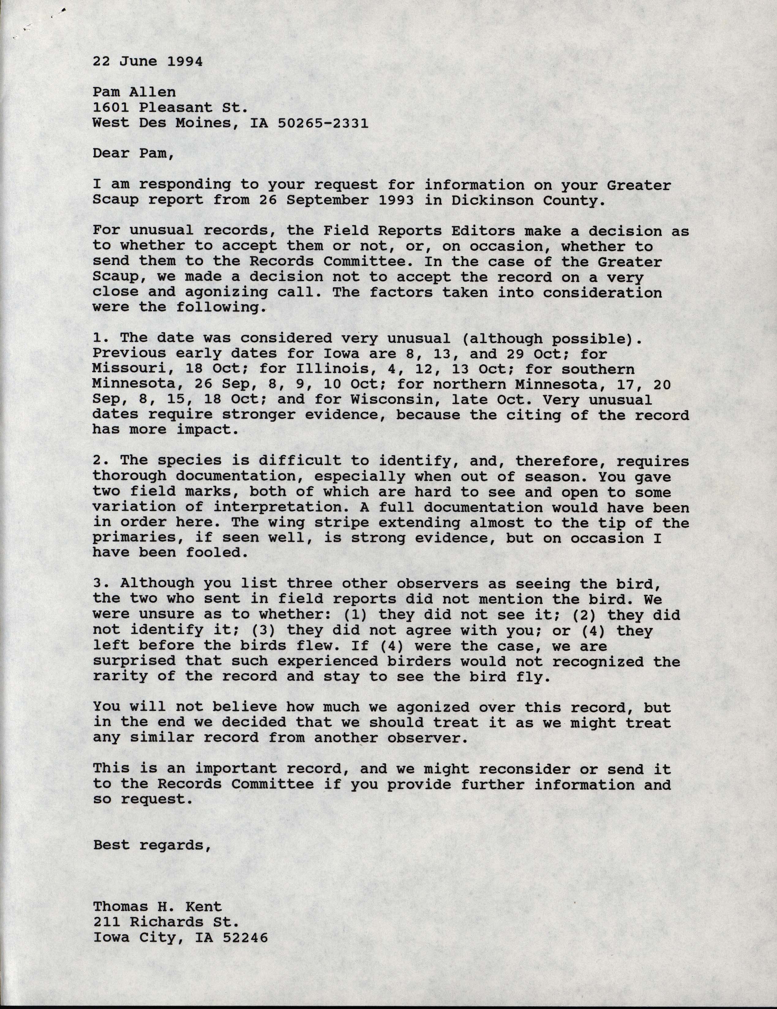 Thomas Kent letter to Pam Allen regarding Greater Scaup sighting, June 22, 1994