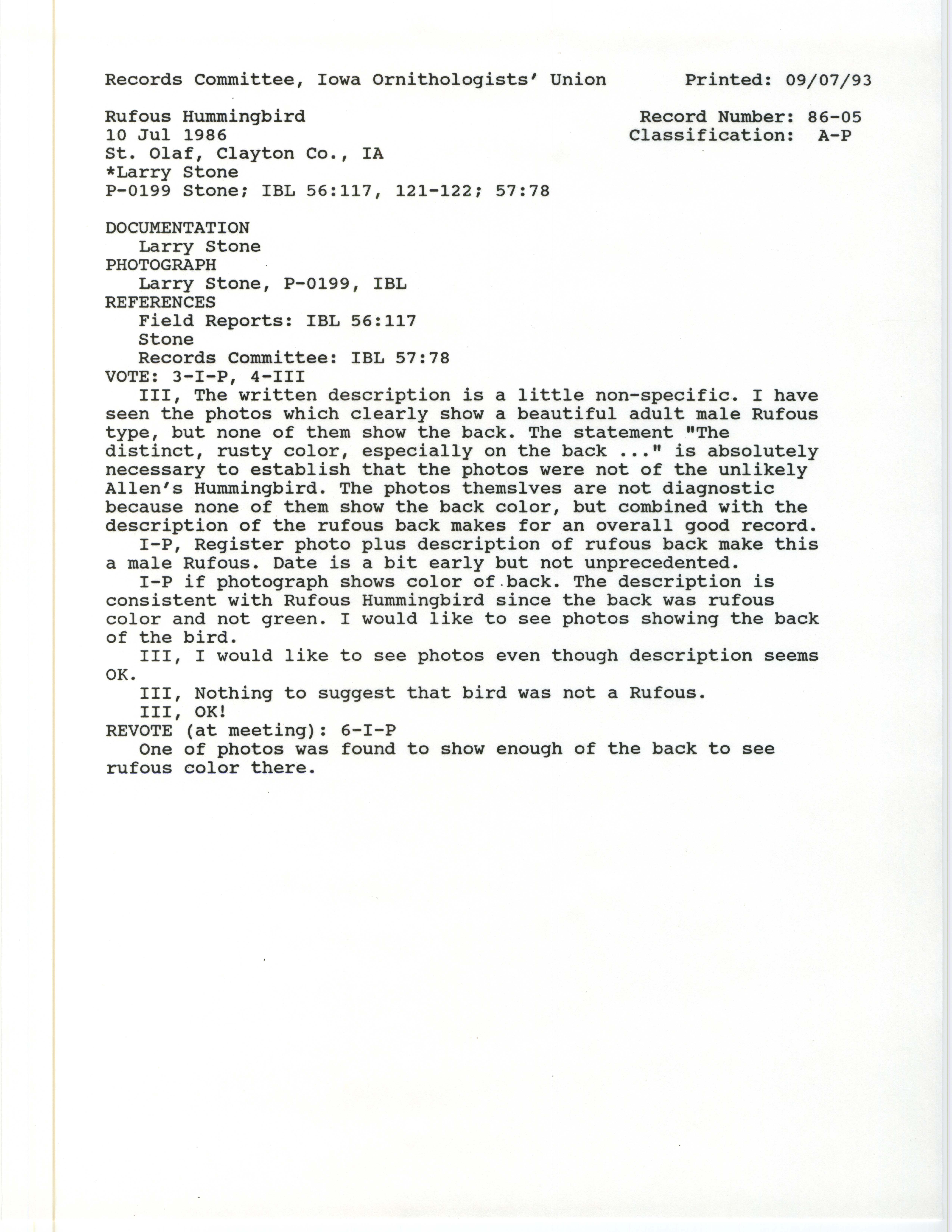 Records Committee review for rare bird sighting for Rufous Hummingbird at St. Olaf, 1986