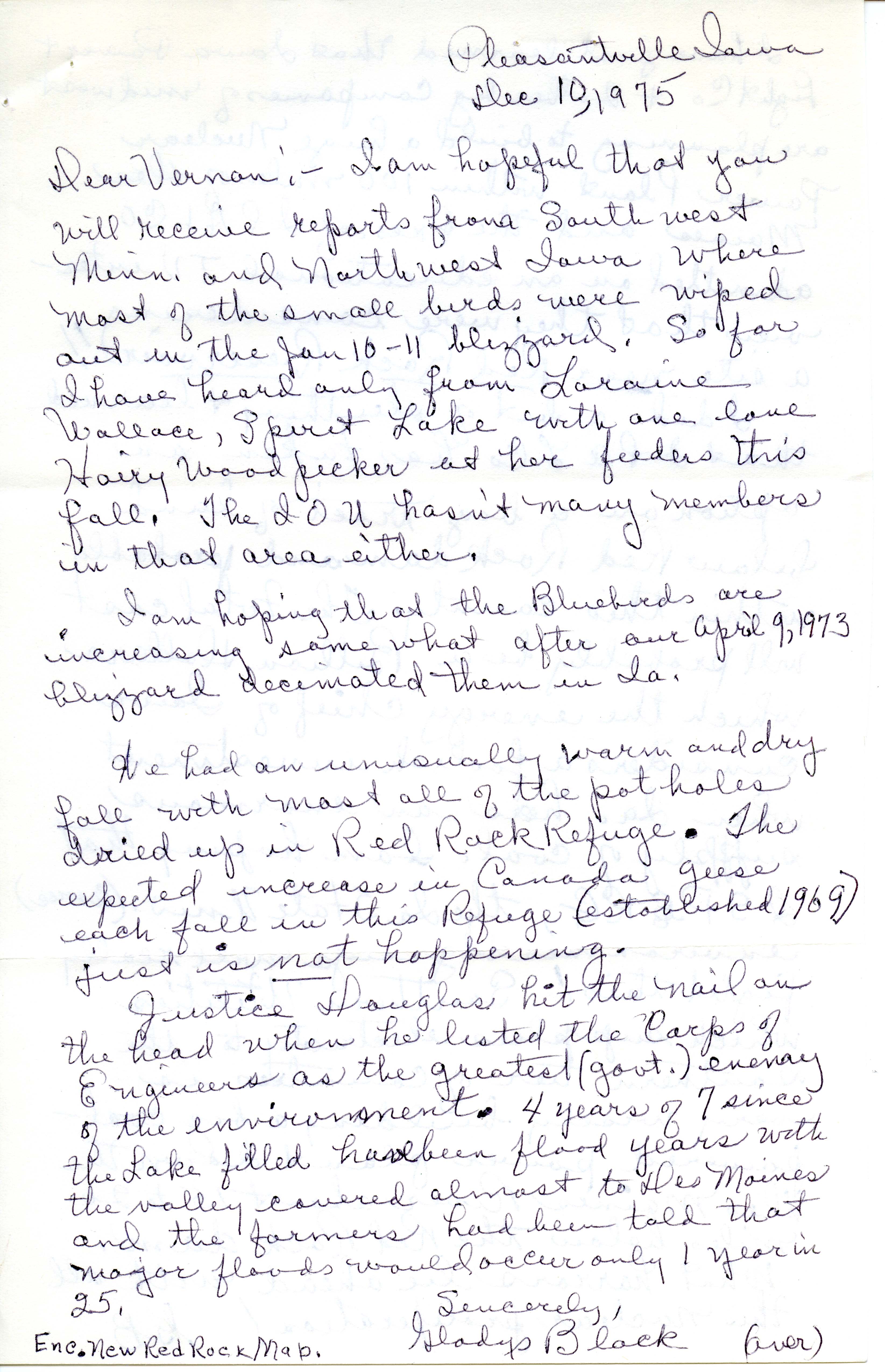 Gladys Black letter, field notes and map to Vernon M. Kleen regarding fall migration, 1975, Red Rock Lake and Refuge, December 10, 1975