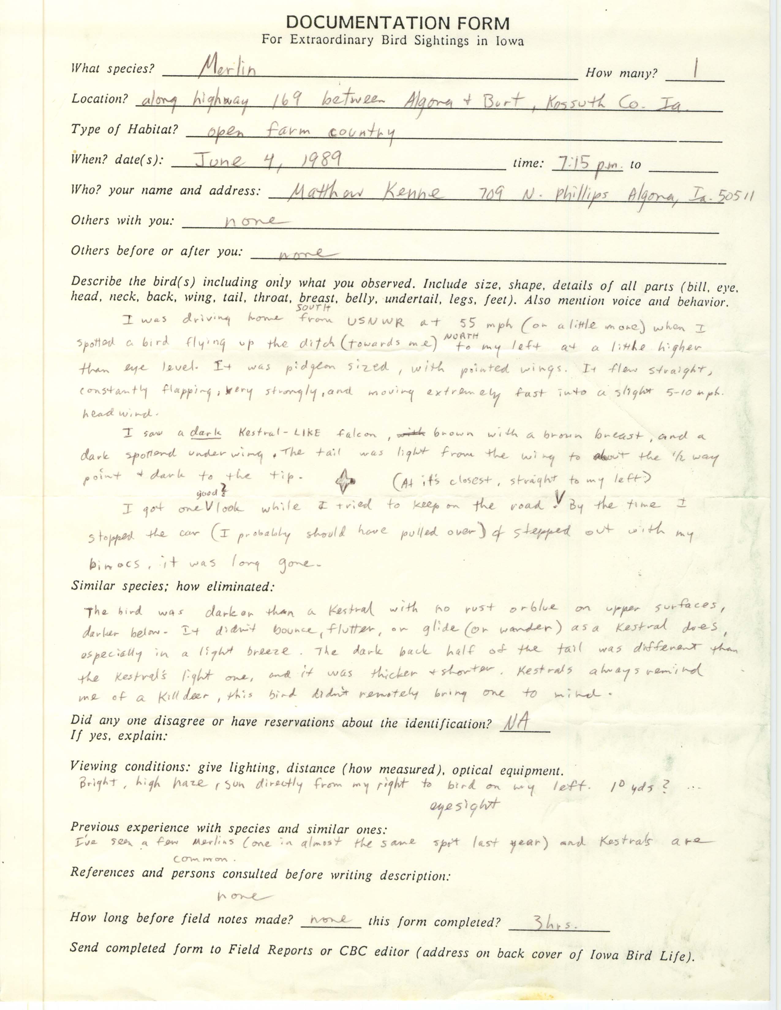 Rare bird documentation form for Merlin between Algona and Burt, 1989