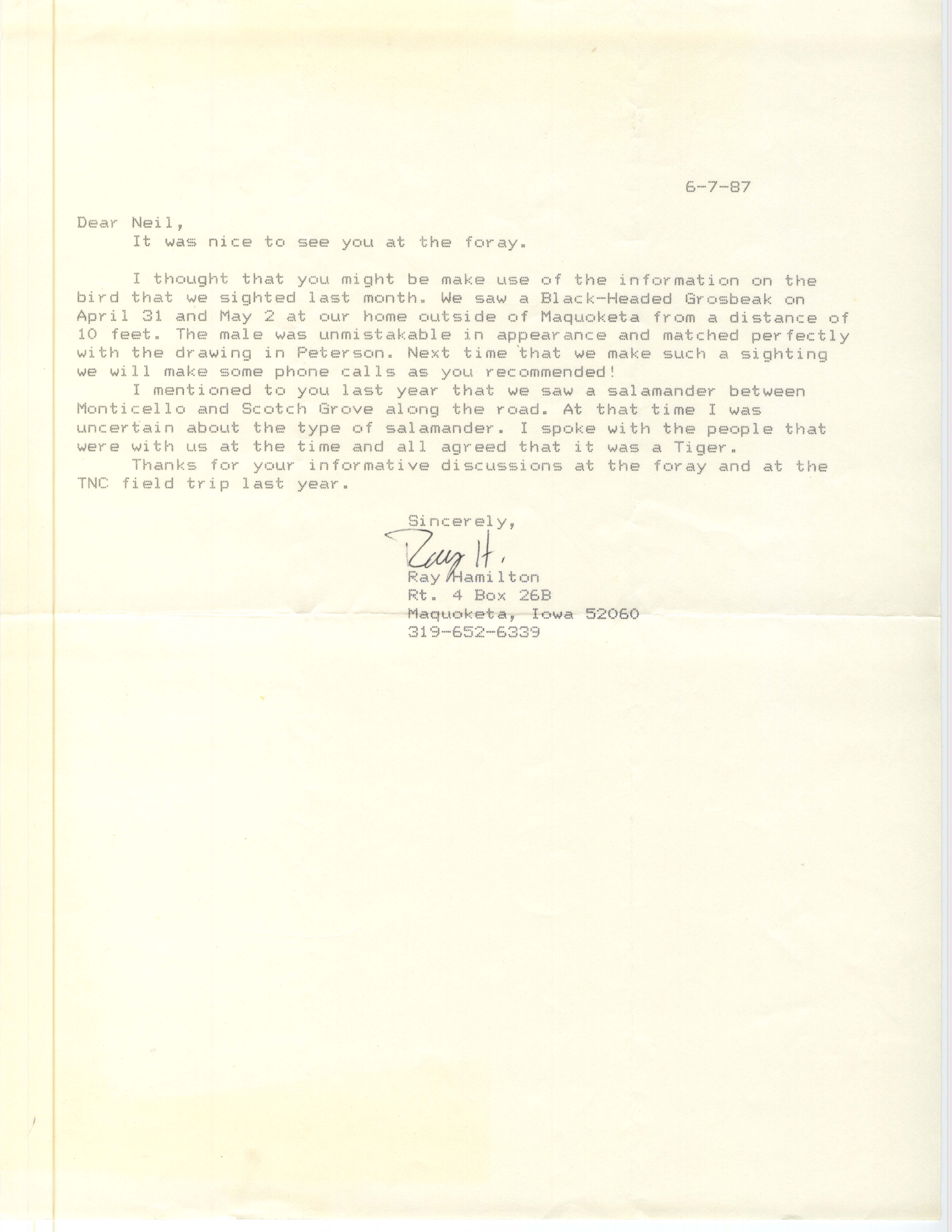 Ray Hamilton letter to Neil Bernstein regarding a  Black-headed Grosbeak sighting, June 7, 1987