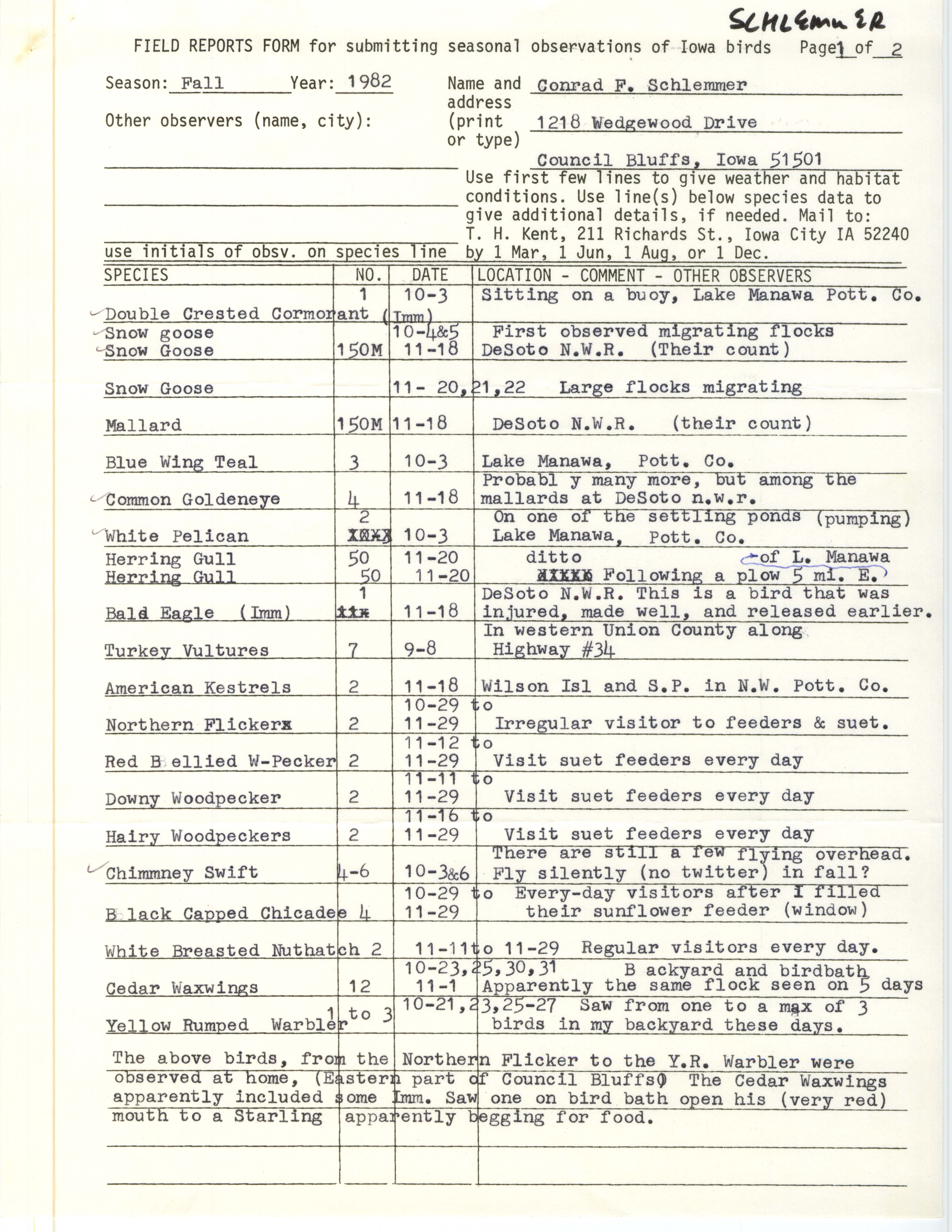 Field notes contributed by Conrad F. Schlemmer, fall 1982