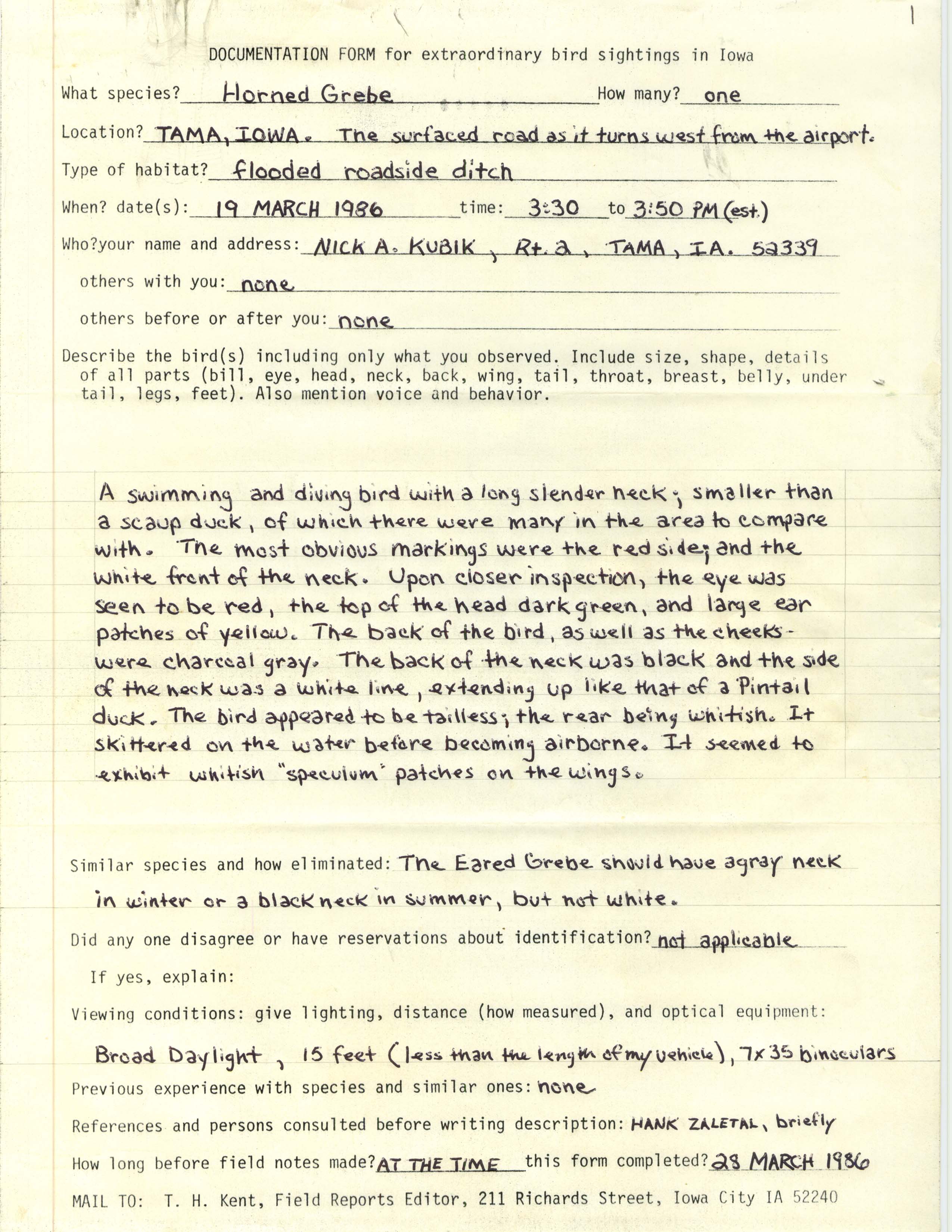 Rare bird documentation form for Horned Grebe at Tama, 1986