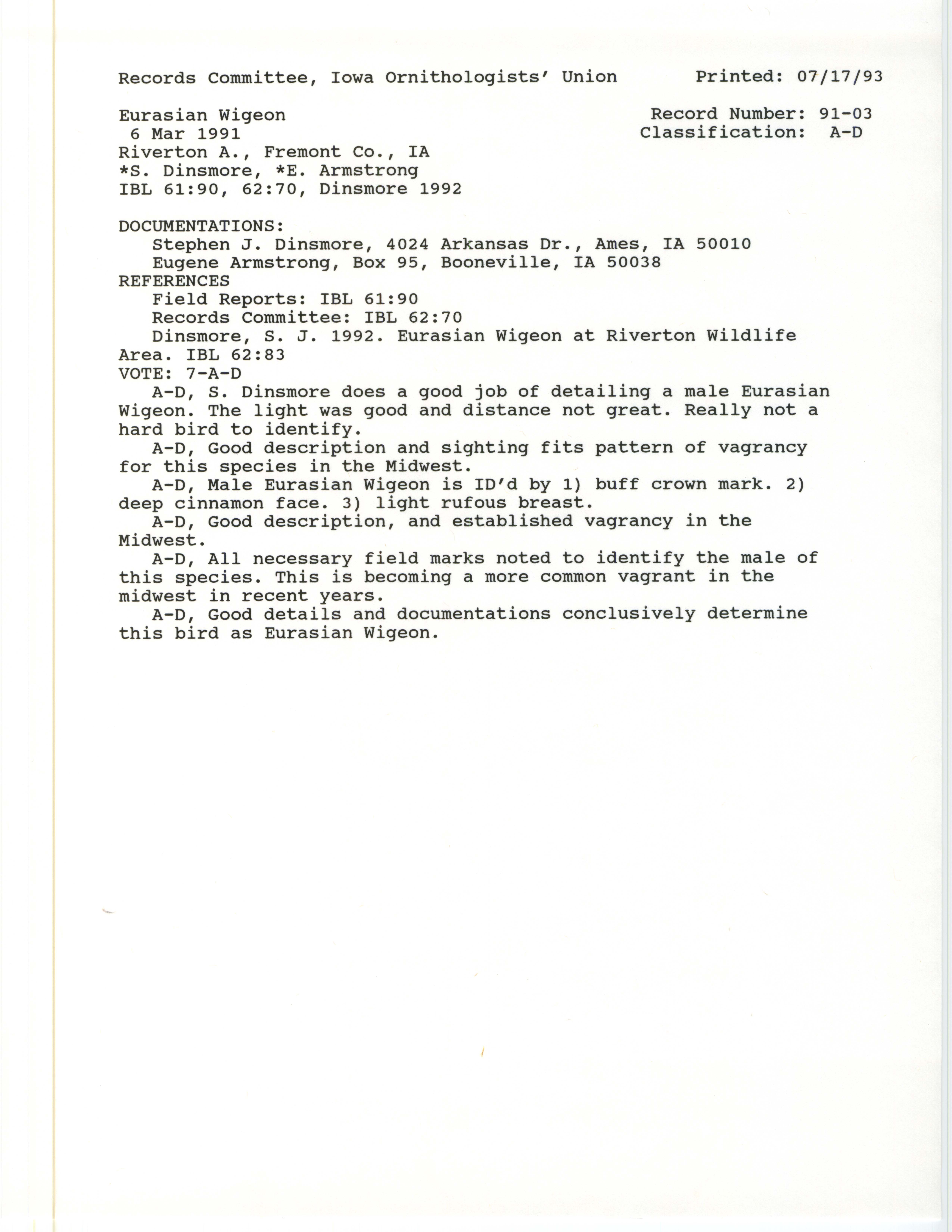 Records Committee review for rare bird sighting of Eurasian Wigeon at Riverton Area, 1991