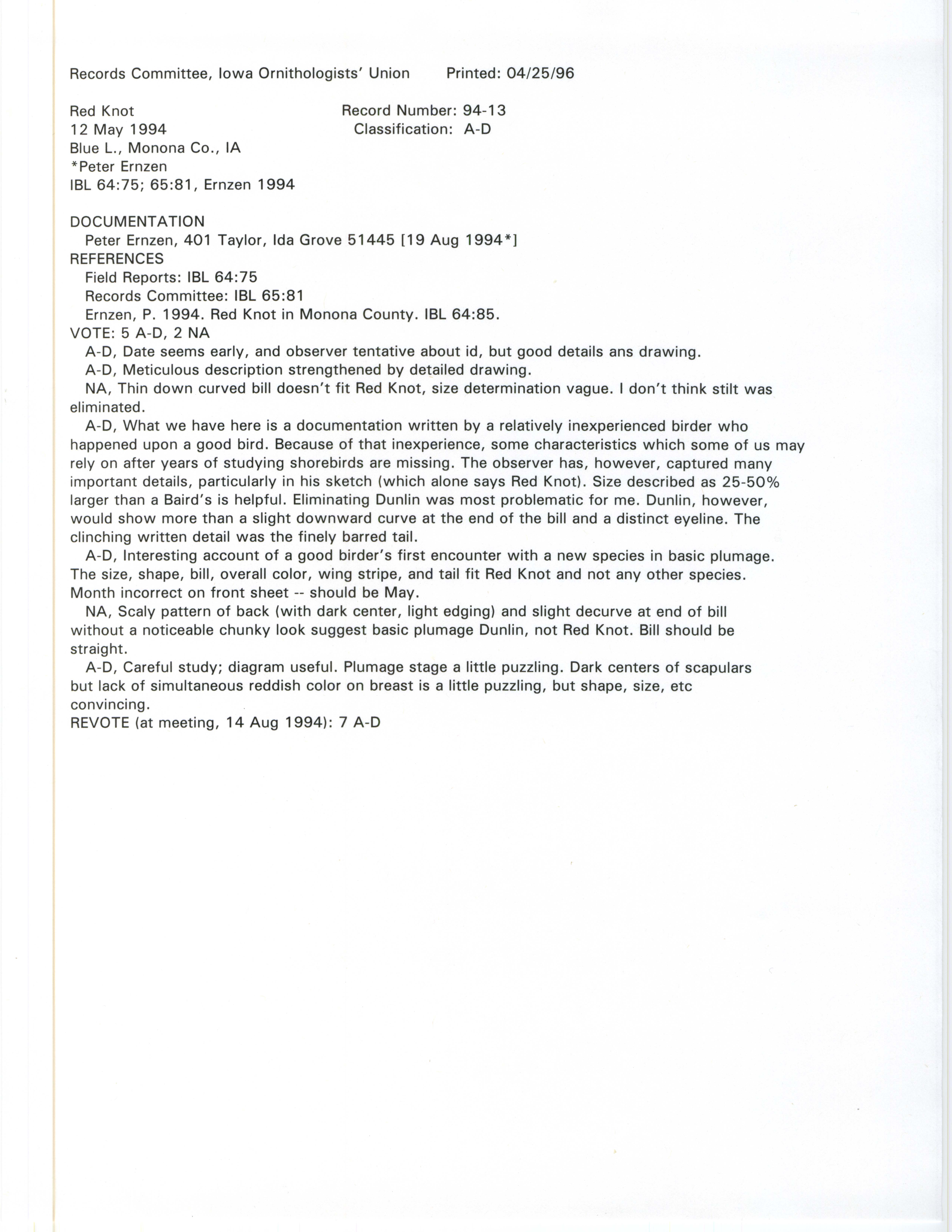 Records Committee review for rare bird sighting of Red Knot at Blue Lake, 1994