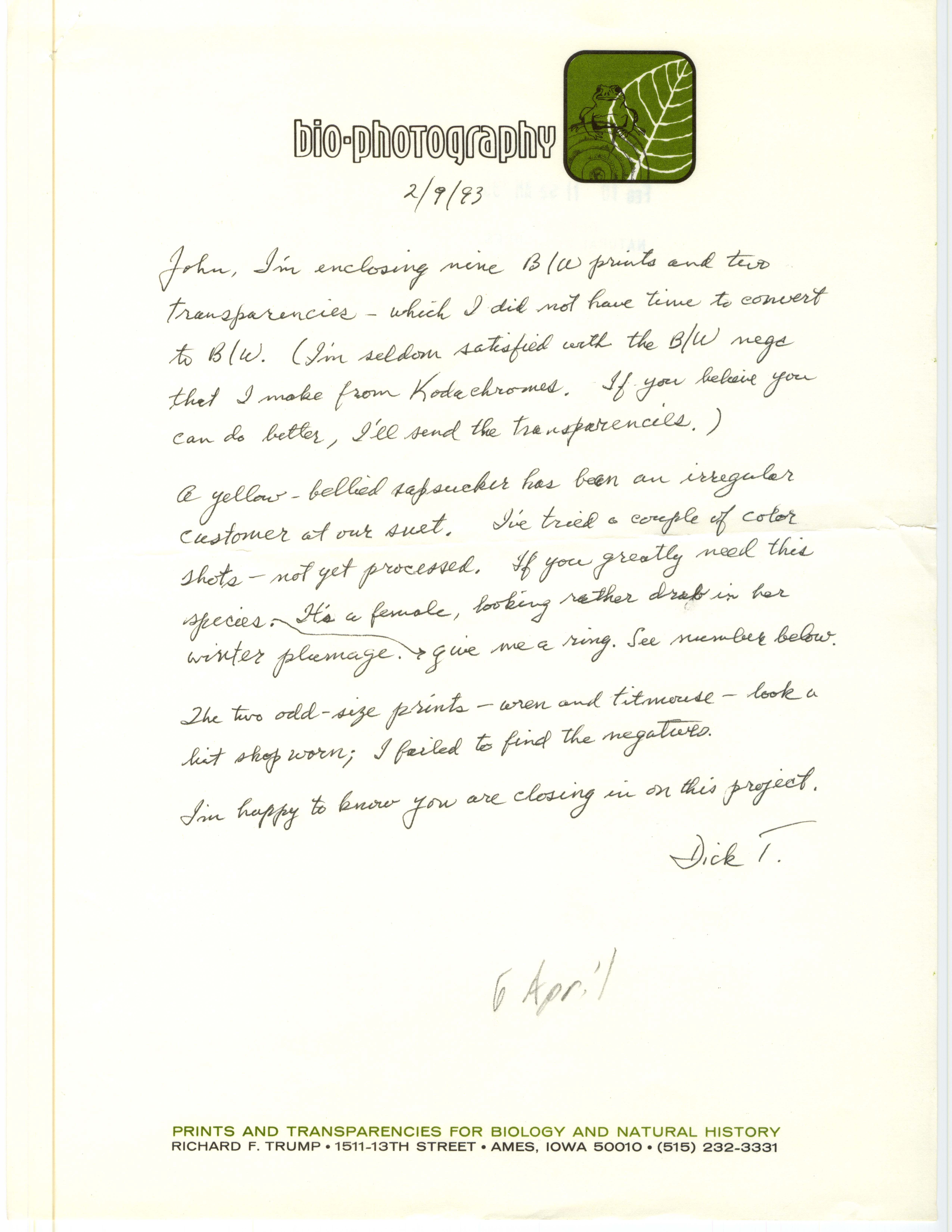 Richard F. Trump letter to John Fleckenstein regarding photographs for the Breeding Bird Atlas, February 9, 1993