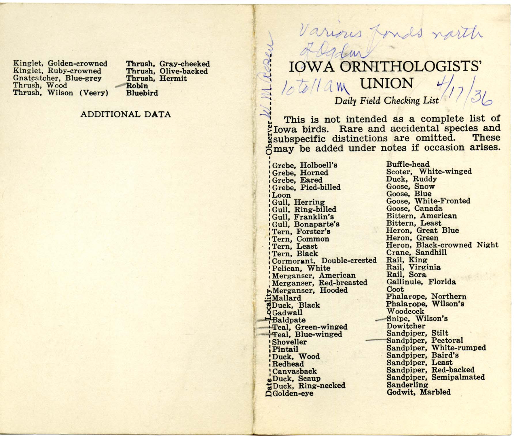 Daily field checking list by Walter Rosene, April 17, 1936