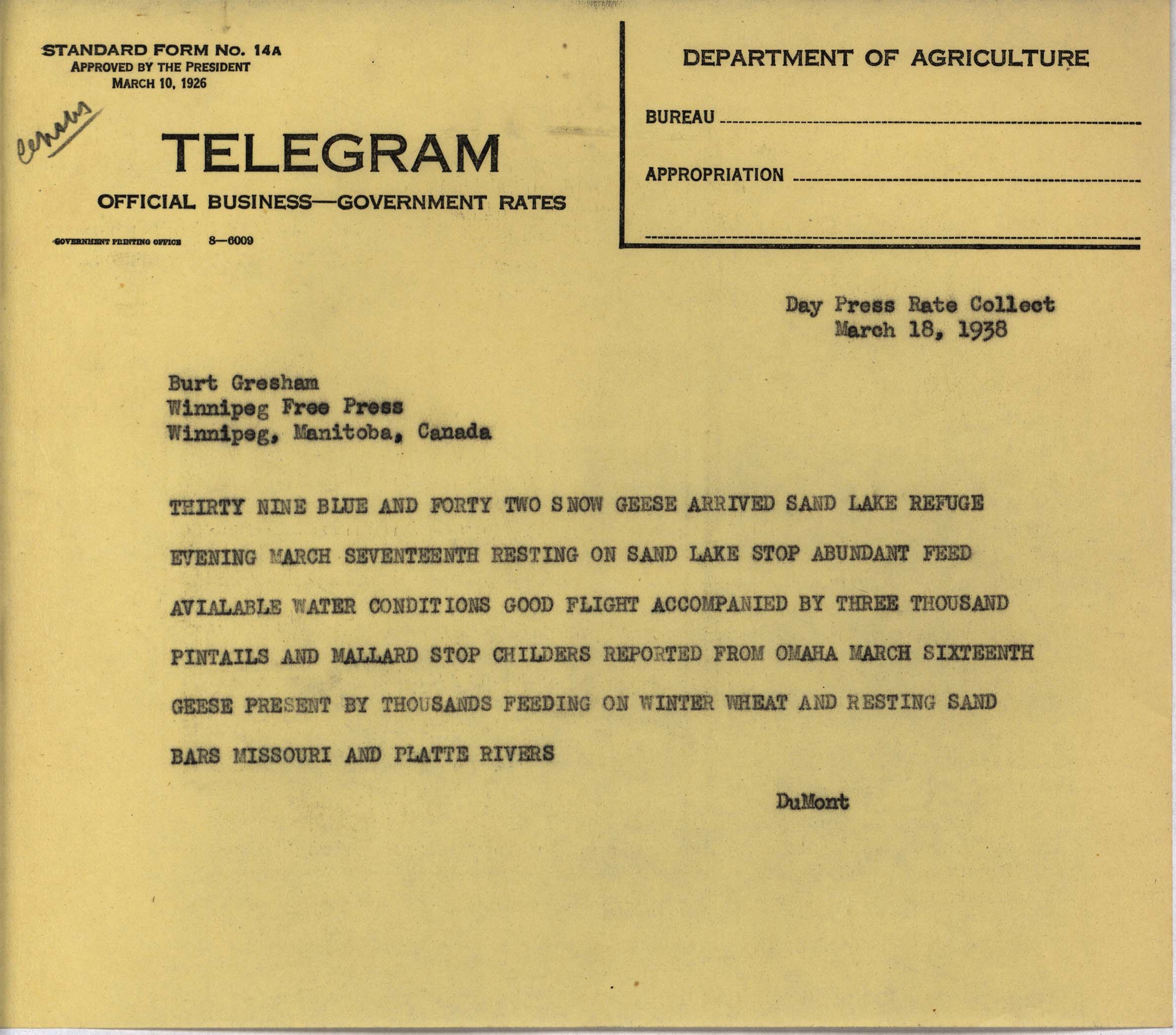 Philip DuMont telegram to Burt Gresham regarding Goose migration, March 18, 1938
