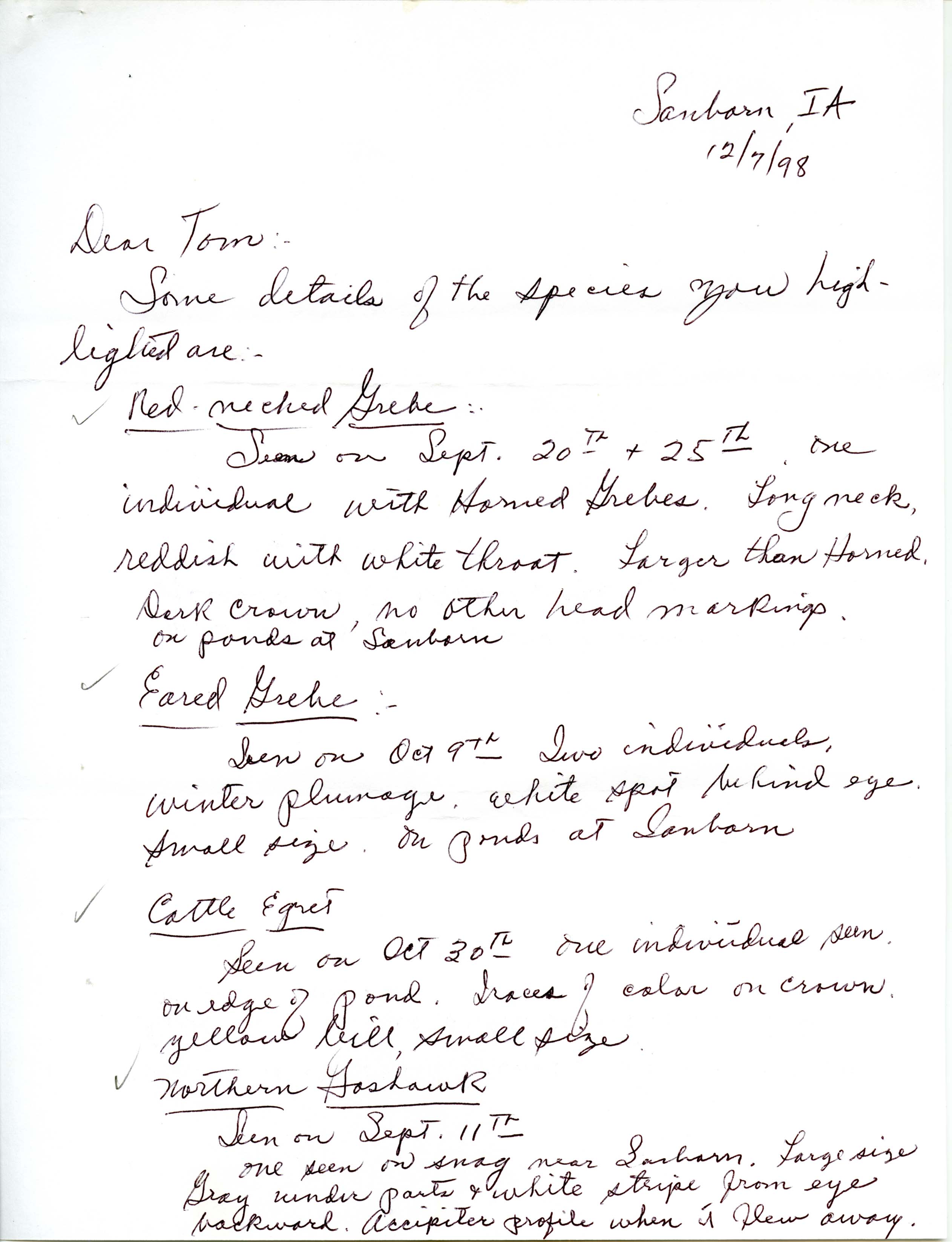 Robert Gruenewald letter to Thomas H. Kent regarding details on fall bird sightings, December 7, 1998