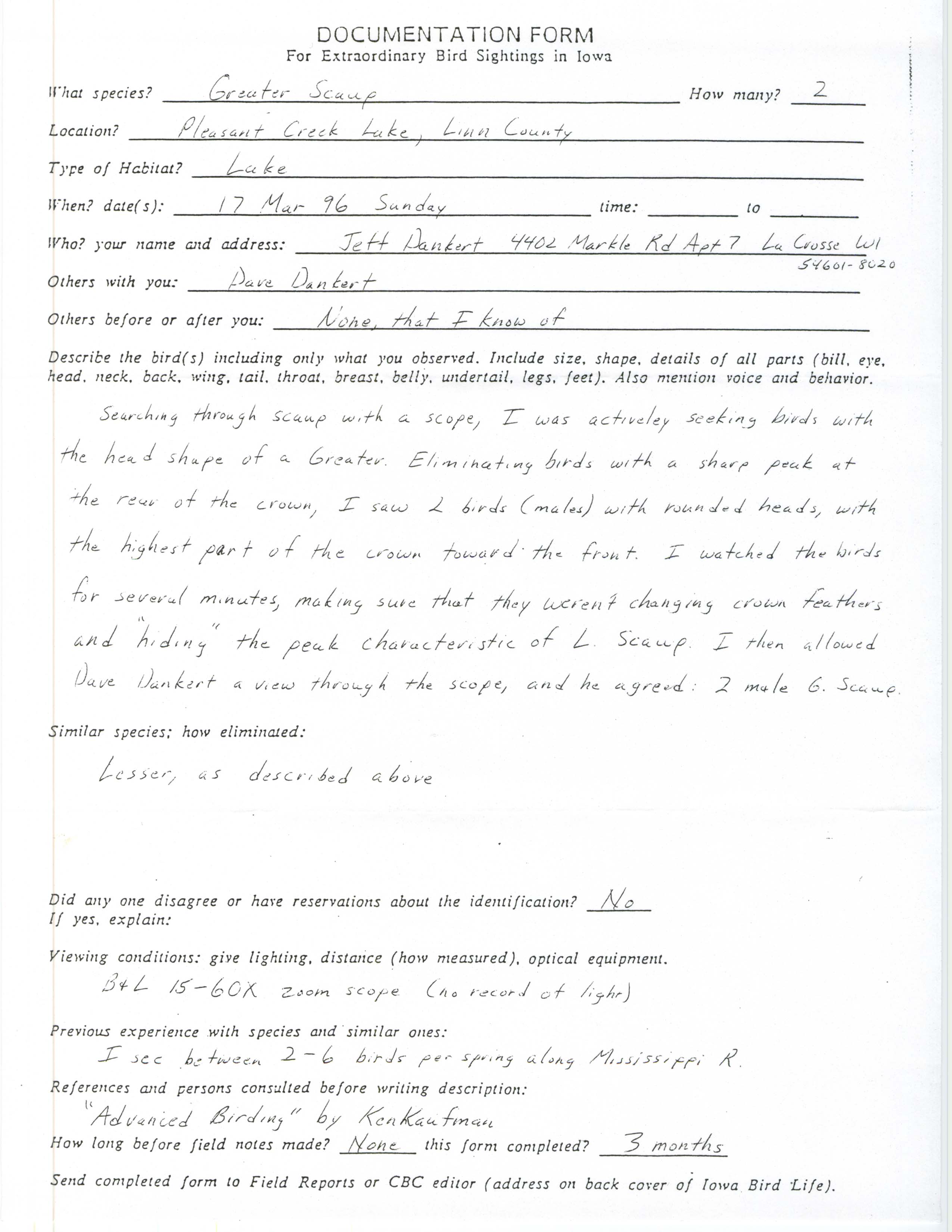 Rare bird documentation form for Greater Scaup at Pleasant Creek Lake, 1996
