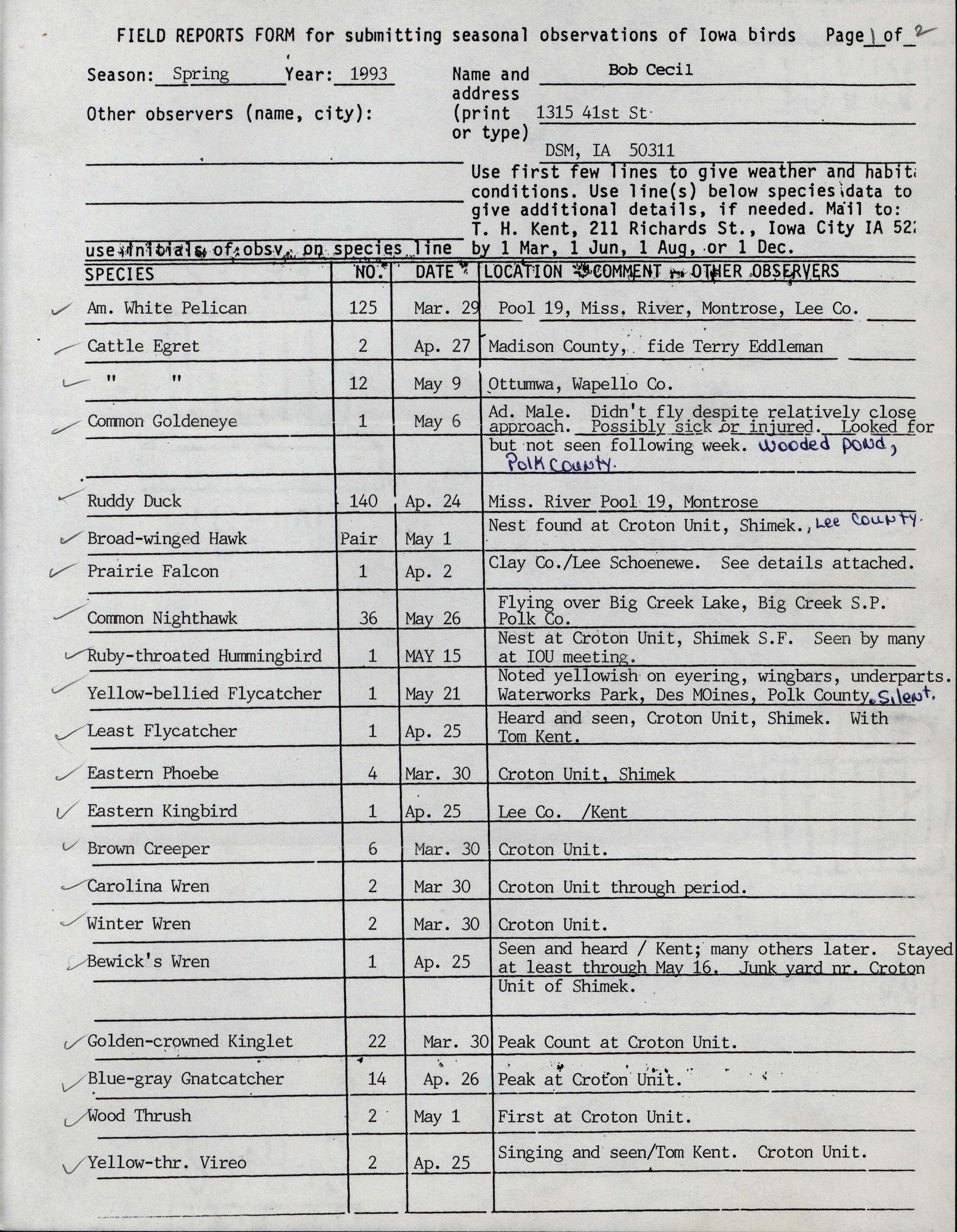 Field reports form for submitting seasonal observations of Iowa birds, Bob Cecil, Spring 1993