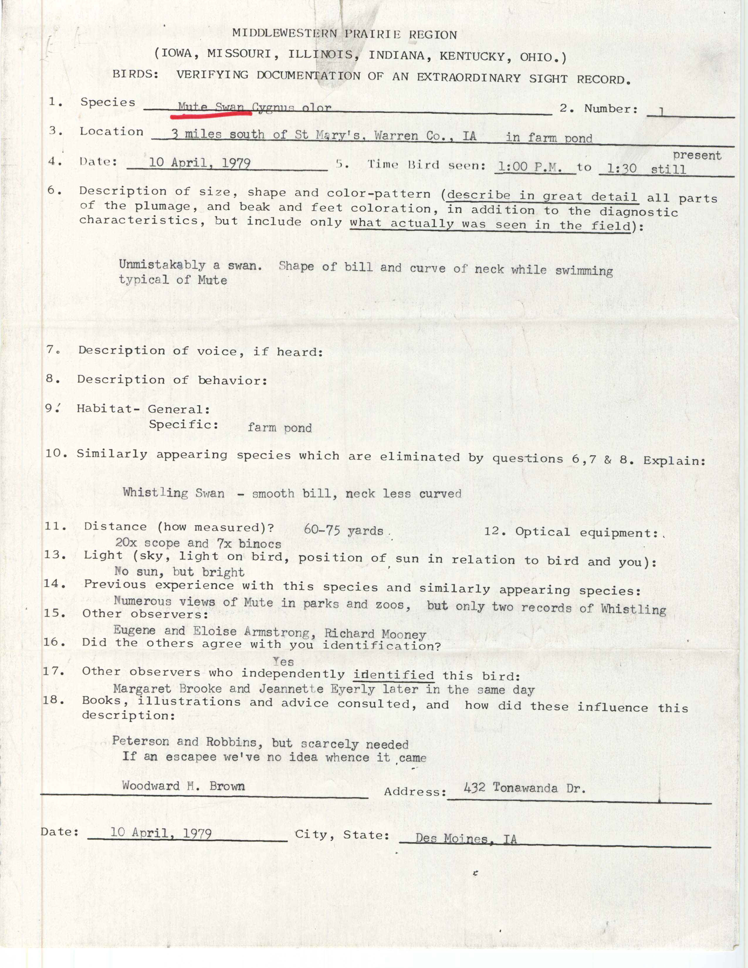Rare bird documentation form for Mute Swan at St. Mary's in Warren County, 1979
