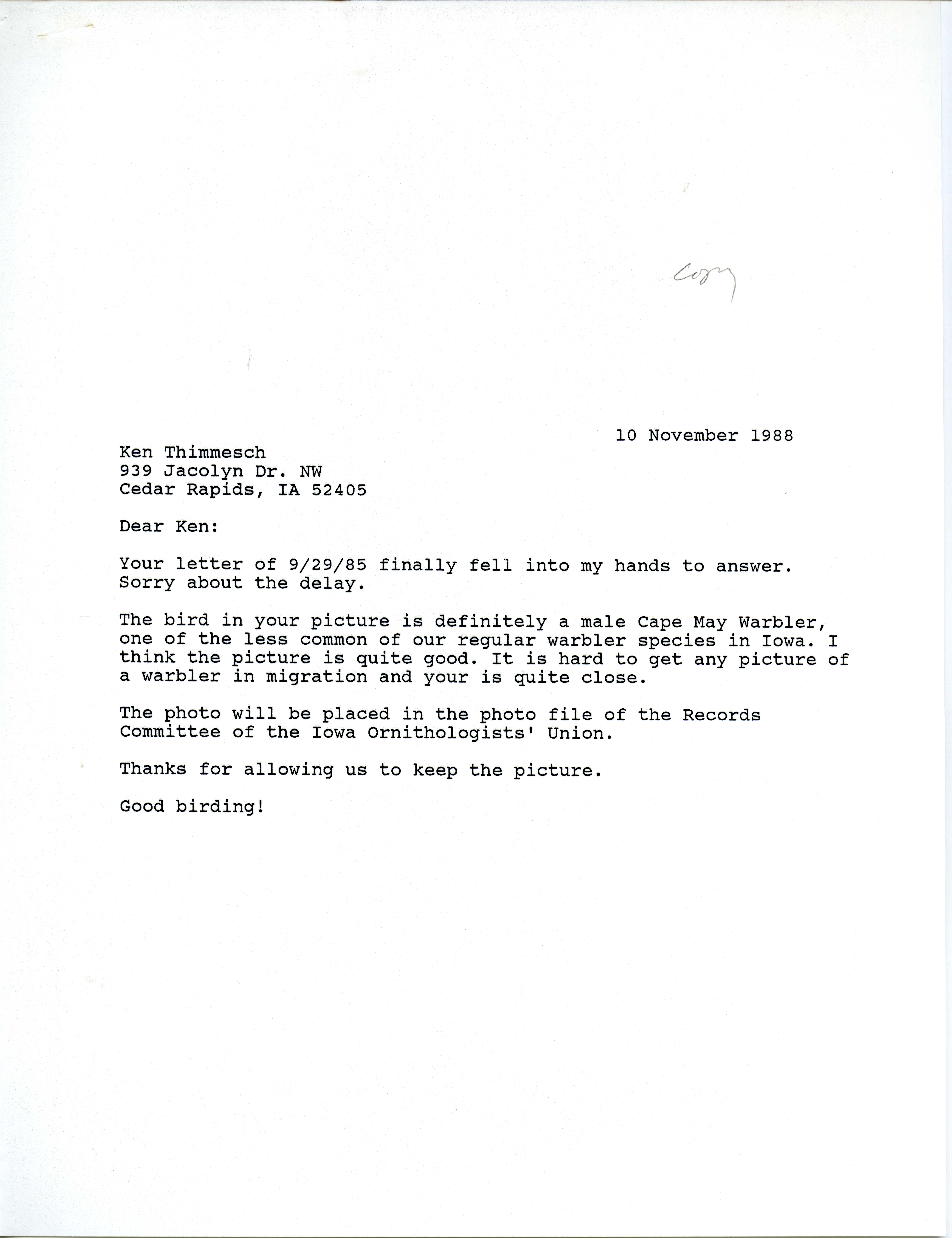 Iowa Ornithologists Union letter to Ken Thimmesch regarding Warbler photograph, November 10, 1988