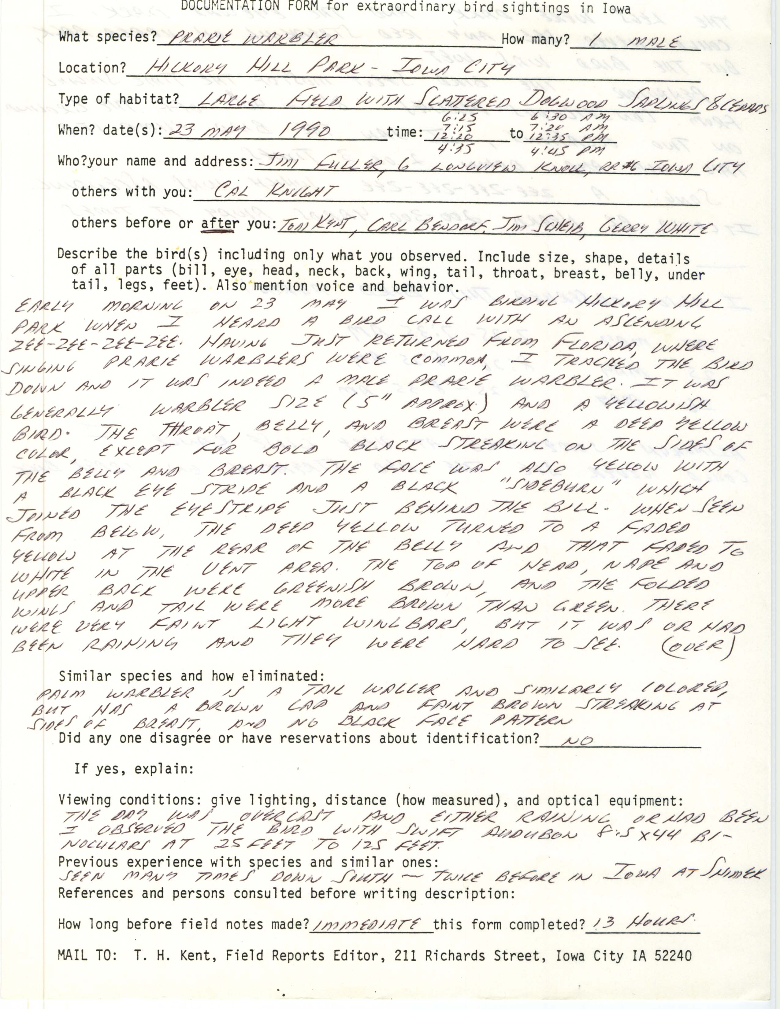 Rare bird documentation form for Prairie Warbler at Hickory Hill Park in Iowa City, 1990