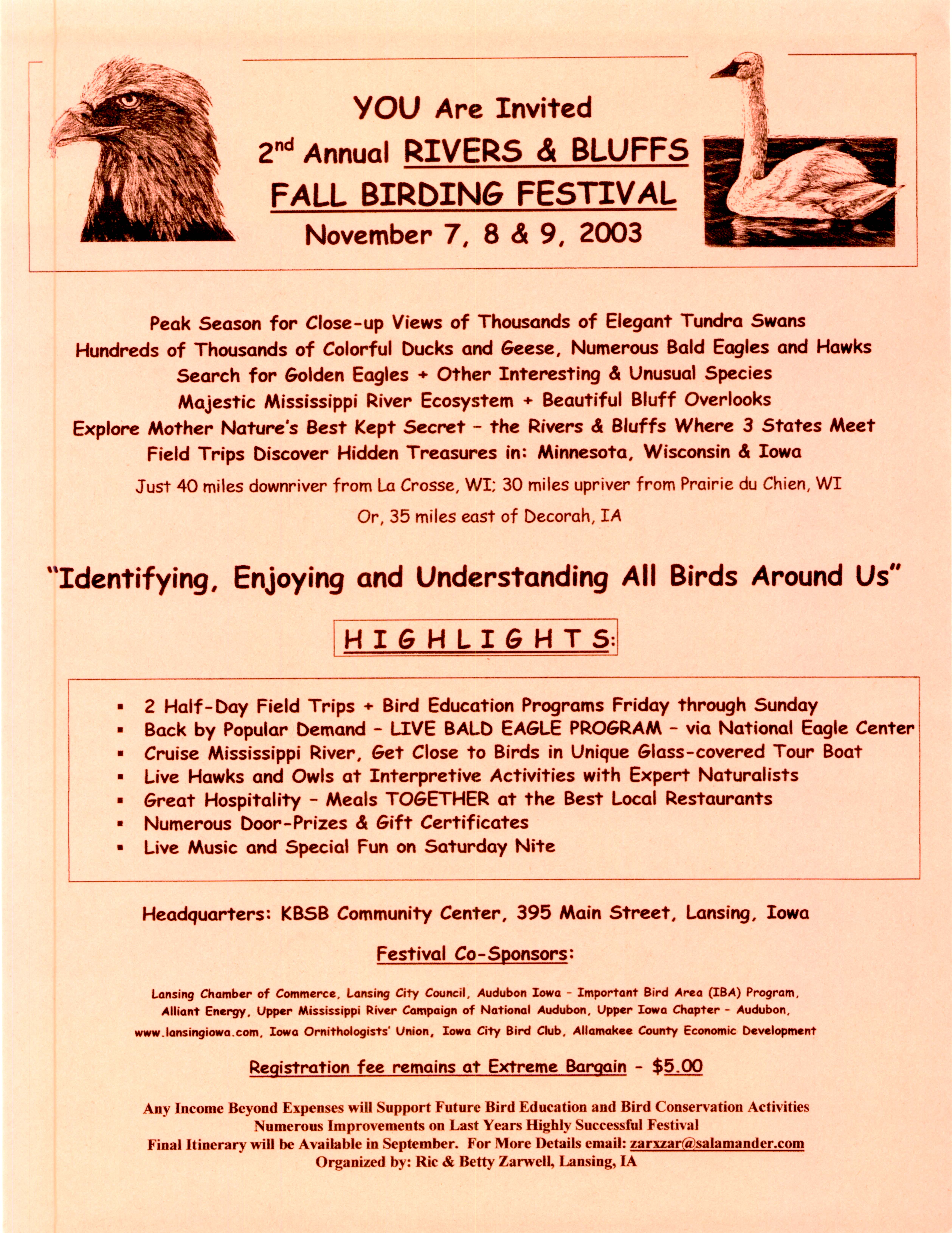 Invitation to Fall Birding Festival in Lansing, Iowa, November 7-9, 2003