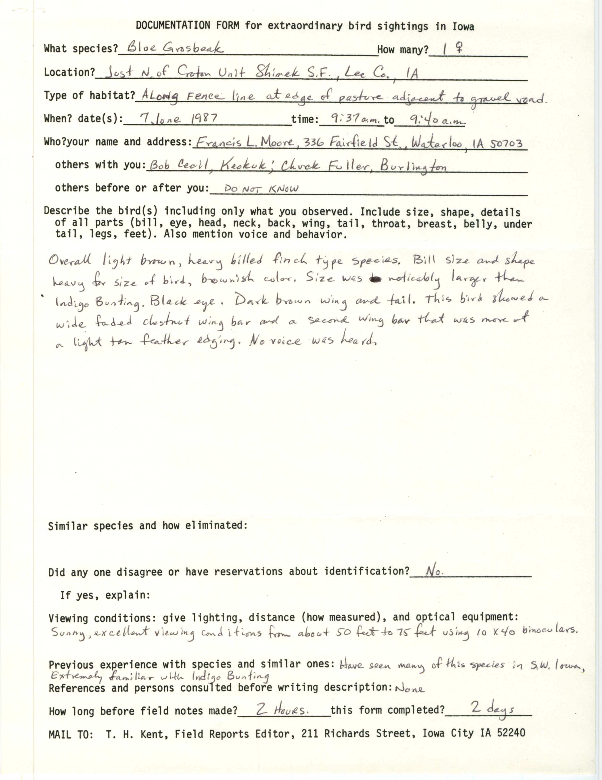Rare bird documentation form for Blue Grosbeak north of the Croton Unit of Shimek State Forest, 1987