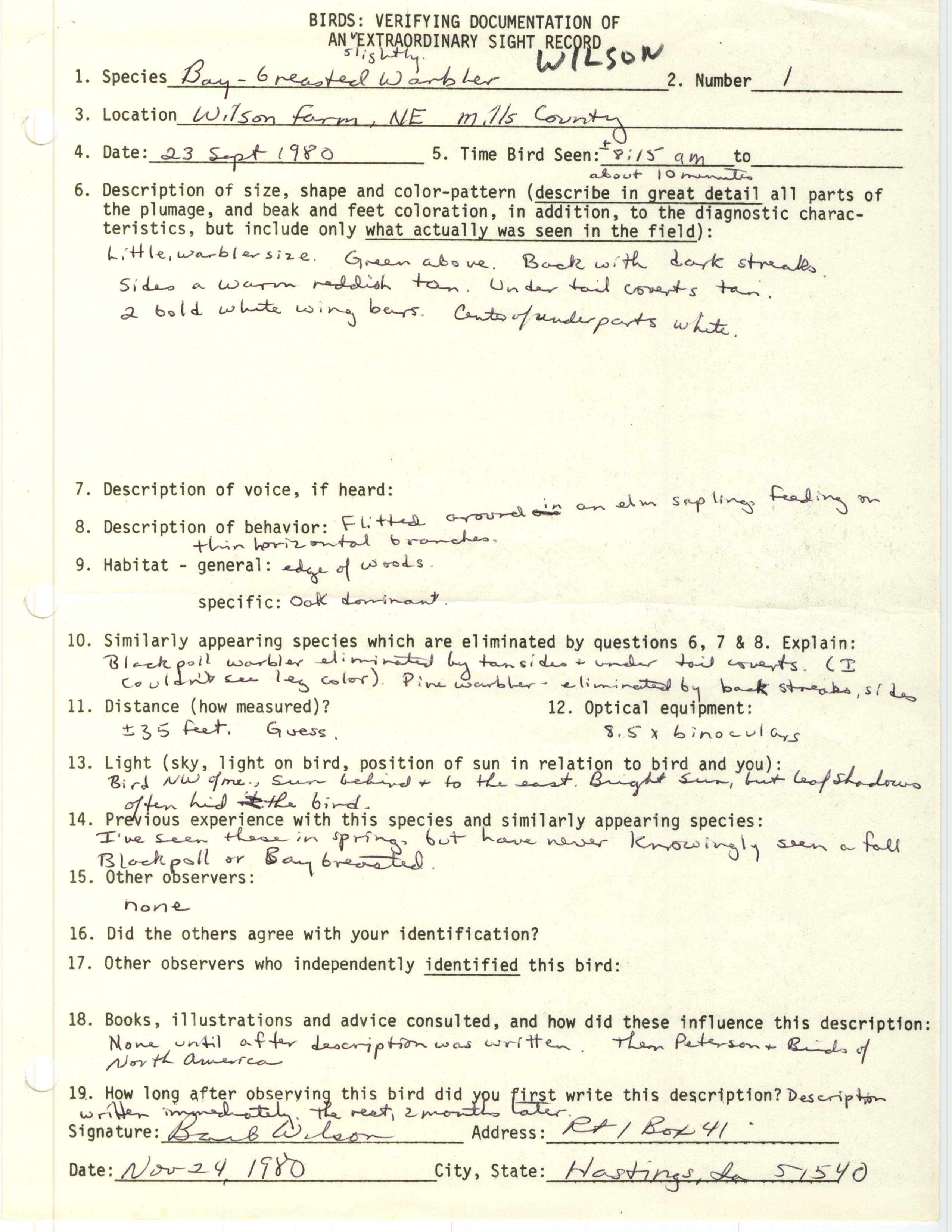 Rare bird documentation form for Bay-breasted Warbler in Mills County, 1980
