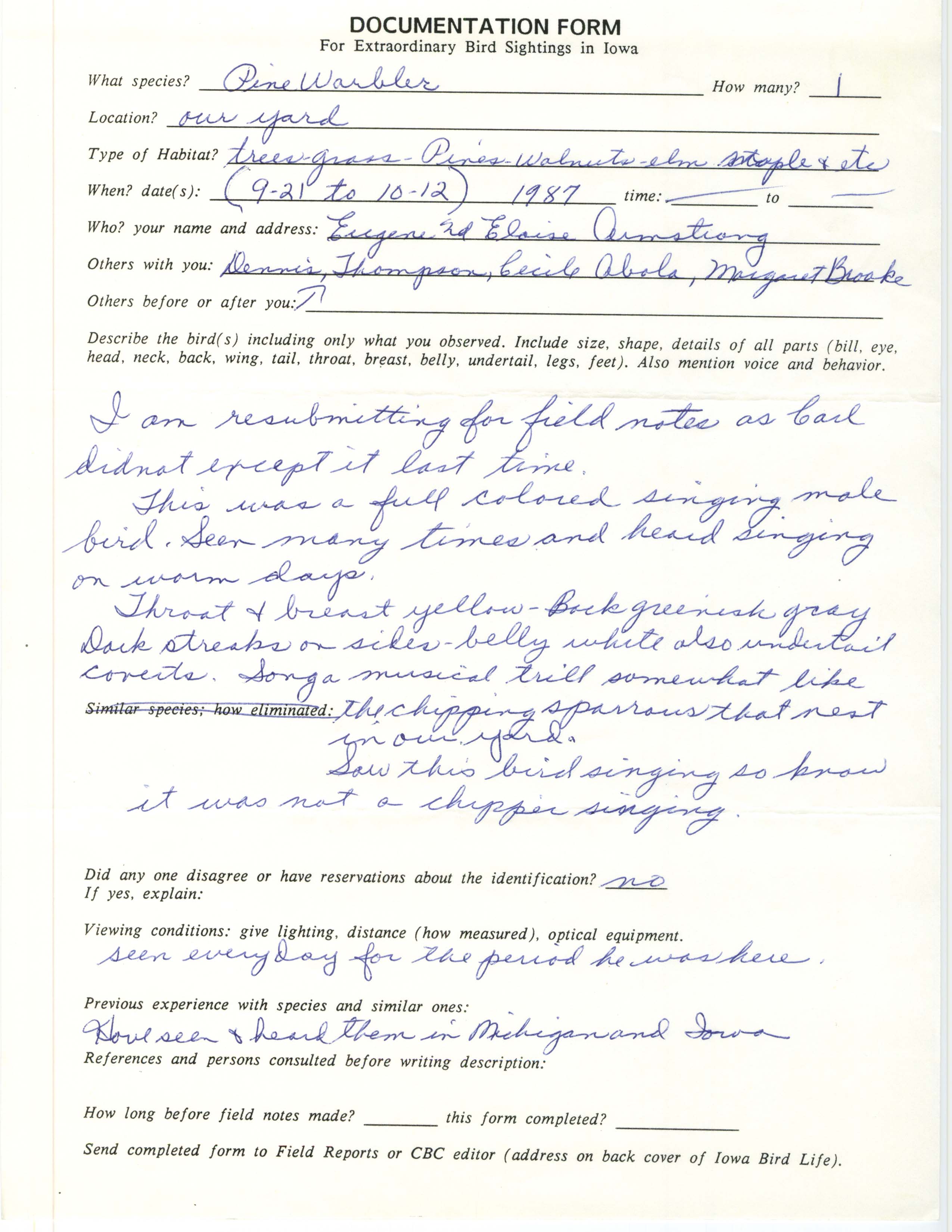 Rare bird documentation form for Pine Warbler at Booneville in 1987
