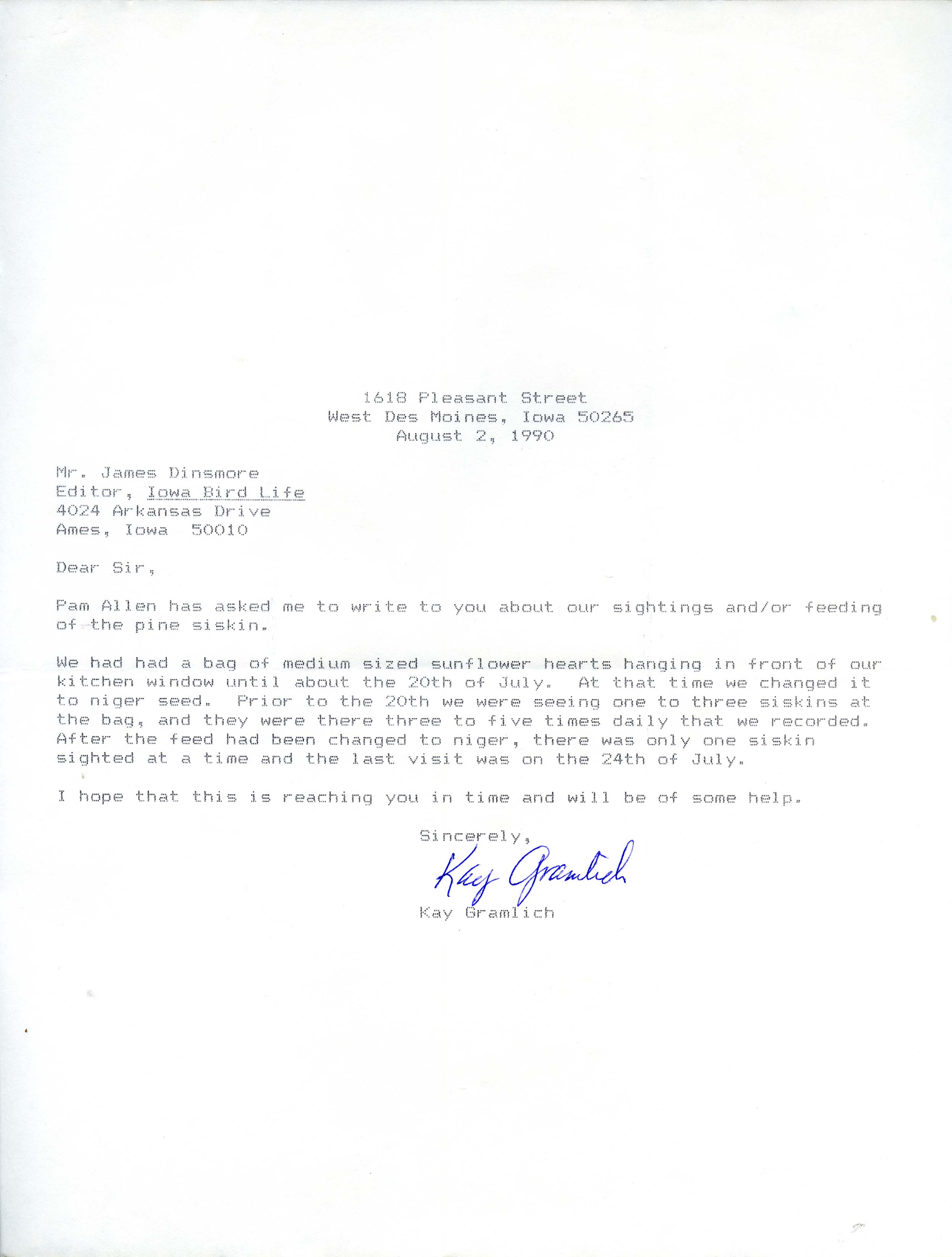 Kay Gramlich letter to James Dinsmore regarding sightings and feeding of pine siskin, August 2, 1990