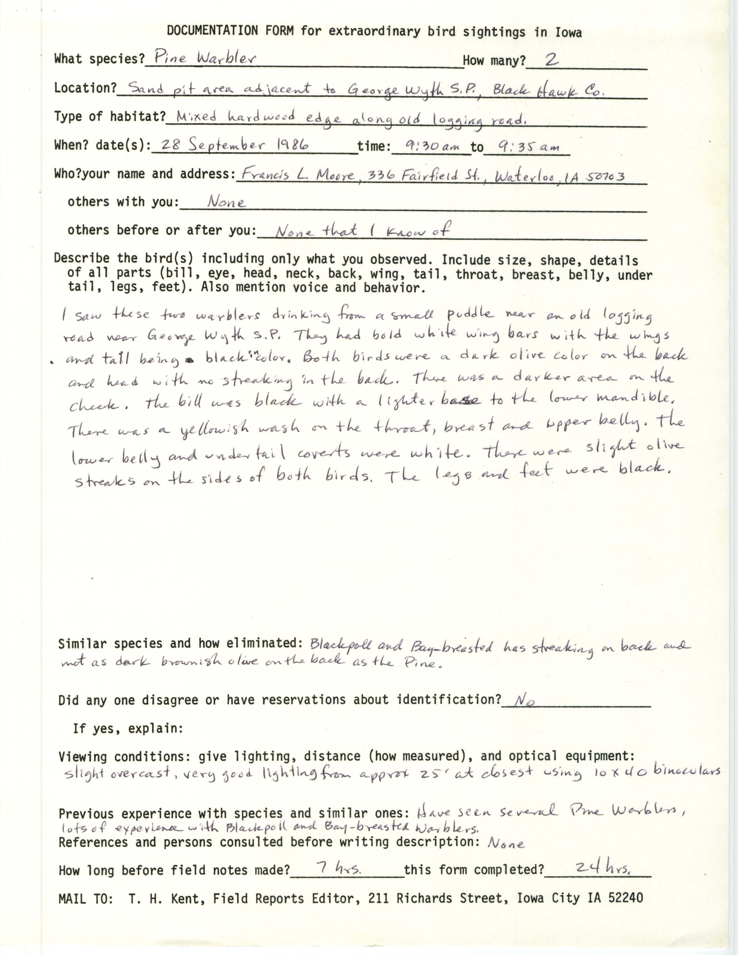Rare bird documentation form for Pine Warbler near George Wyth State Park, 1986