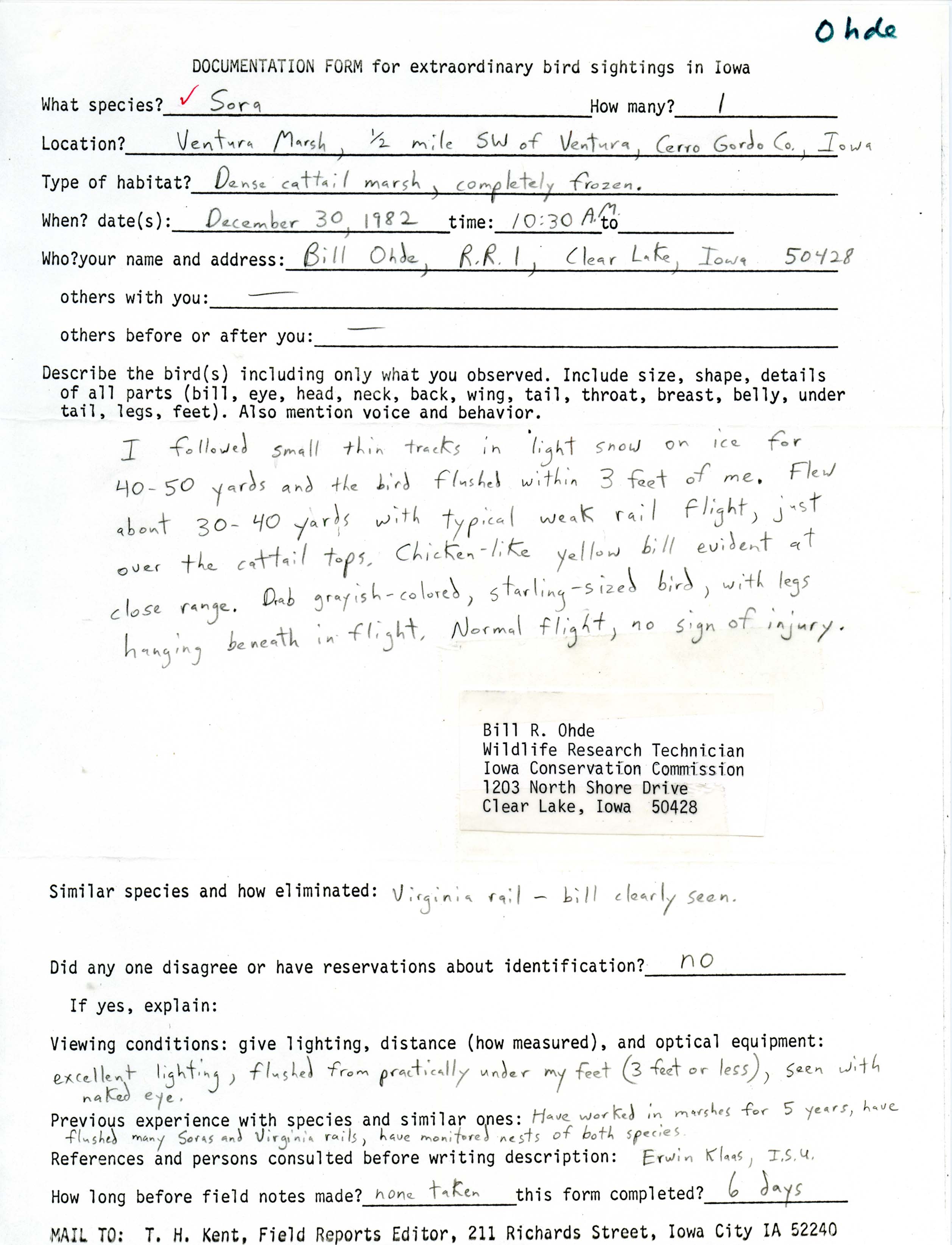 Rare bird documentation form for Sora at Ventura Marsh, 1982