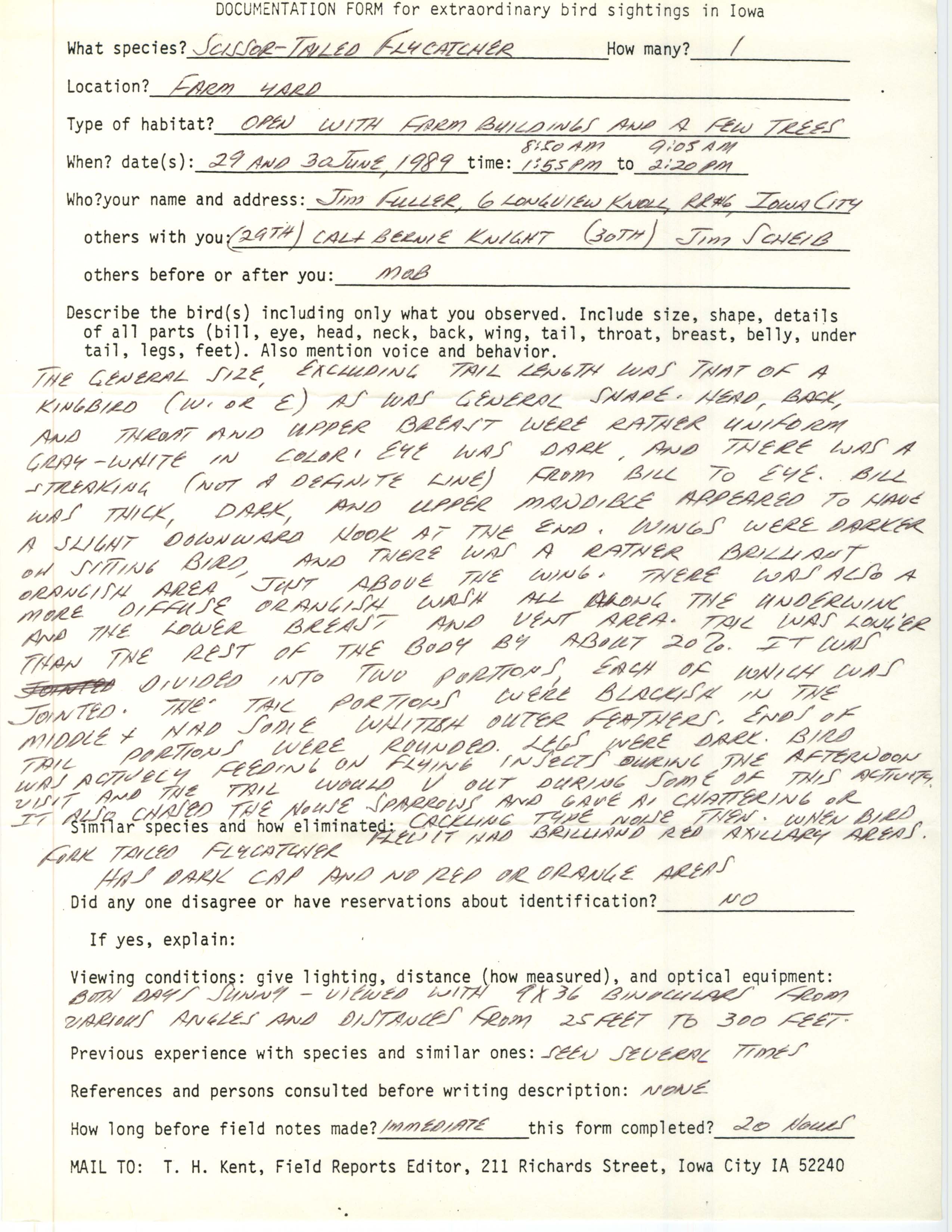 Rare bird documentation form for Scissor-tailed Flycatcher at Crawfordsville in 1989