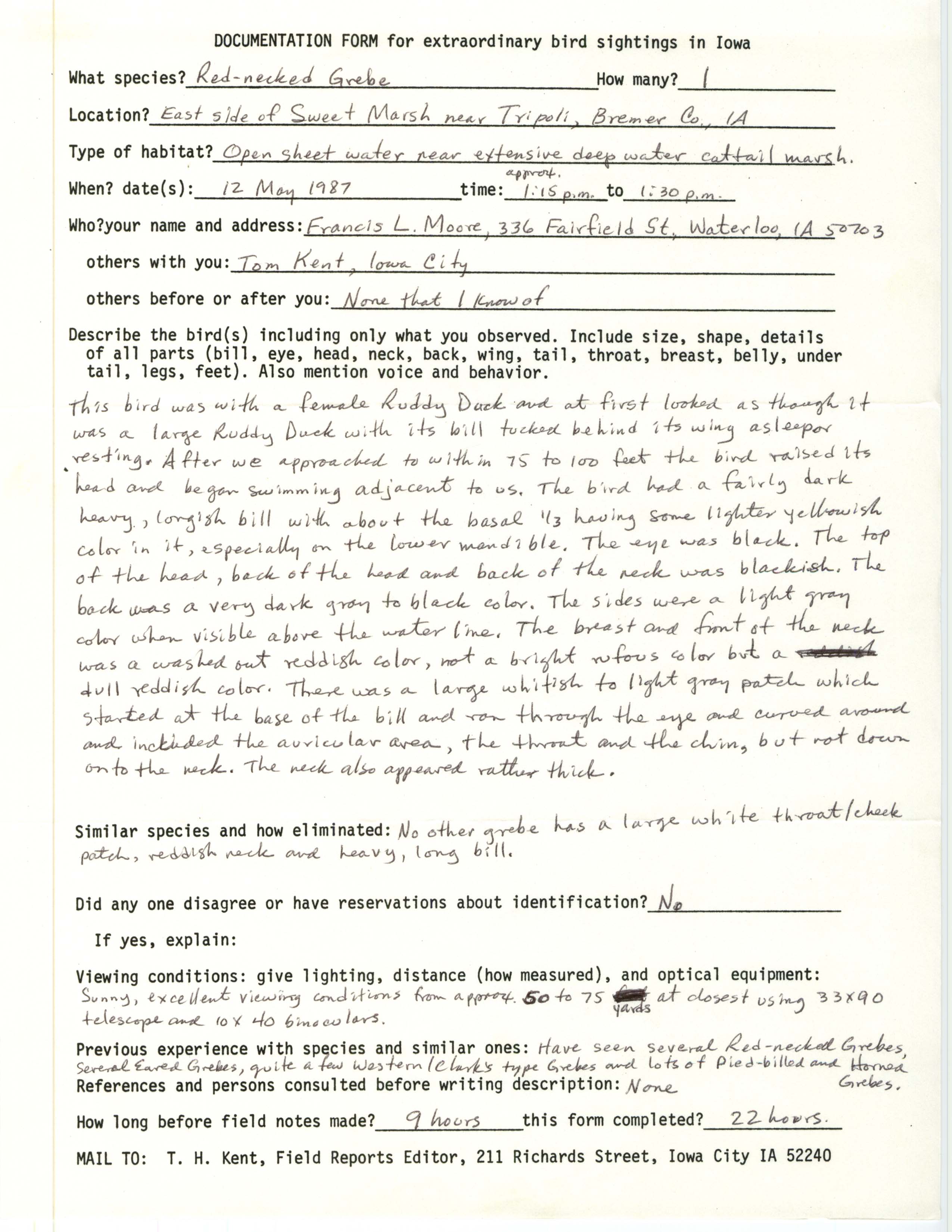 Documentation form for extraordinary bird sightings in Iowa regarding a Red-necked Grebe, 1987