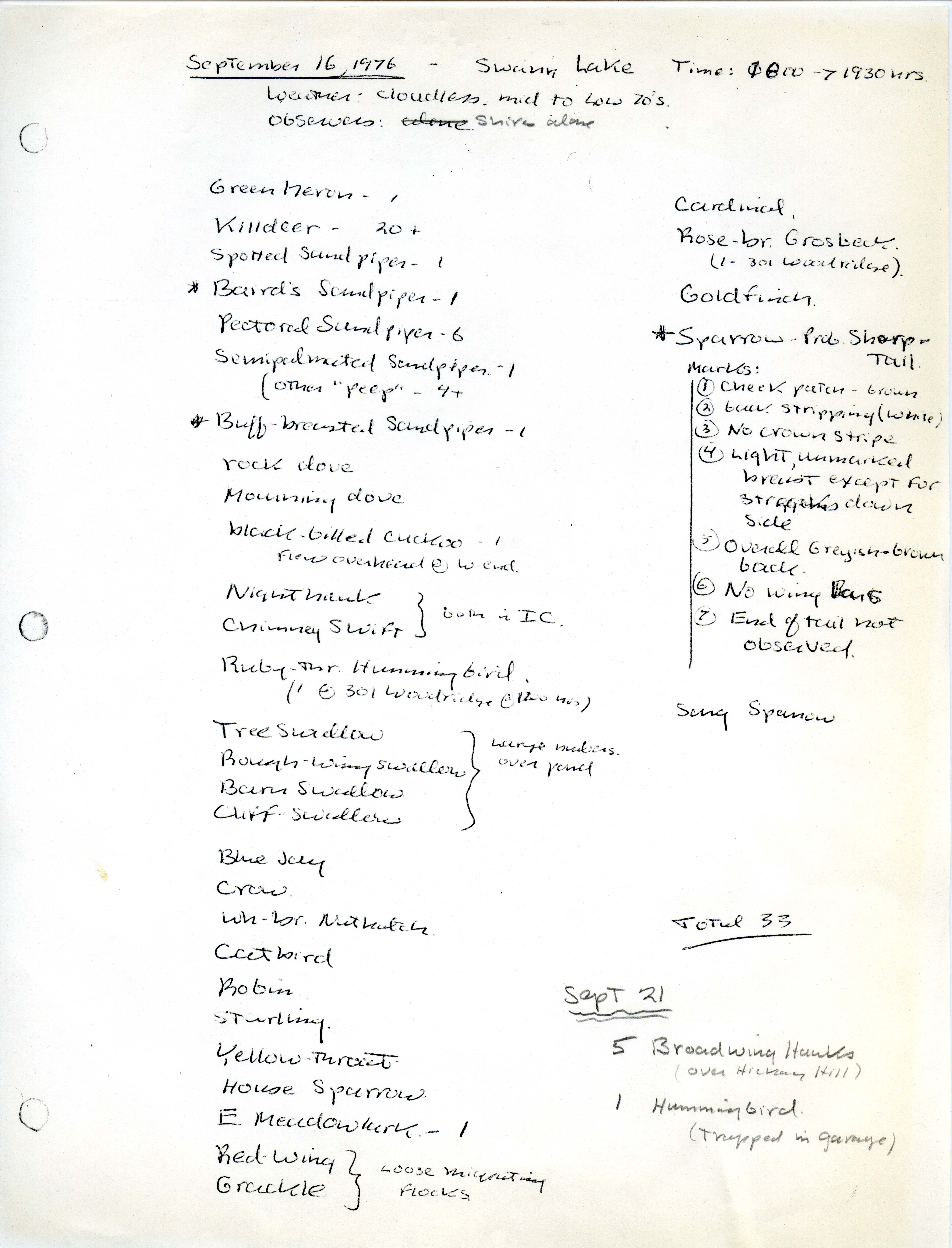 Bird sightings checklist Swan Lake, fall 1976