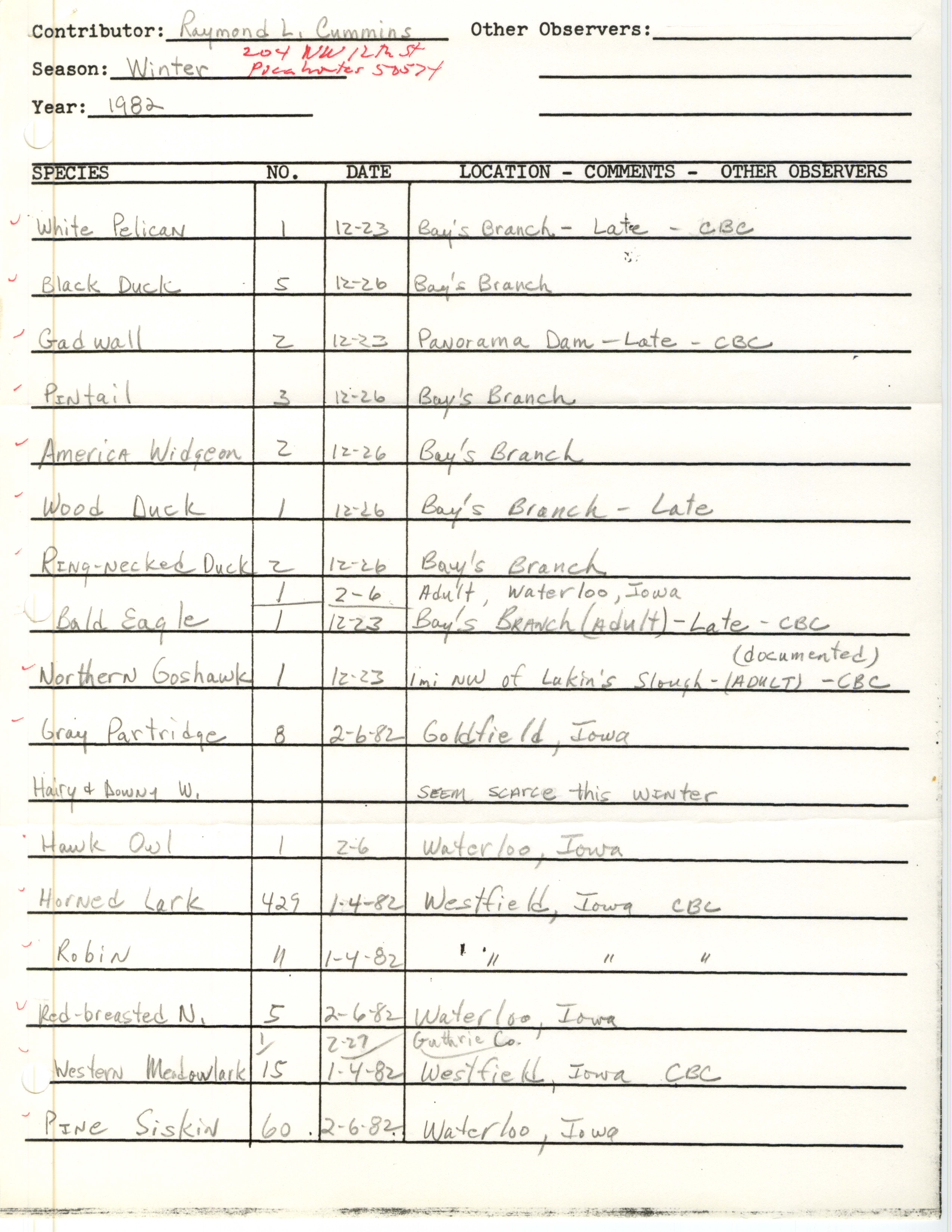 Field notes contributed by Raymond L. Cummins, winter 1981-1982