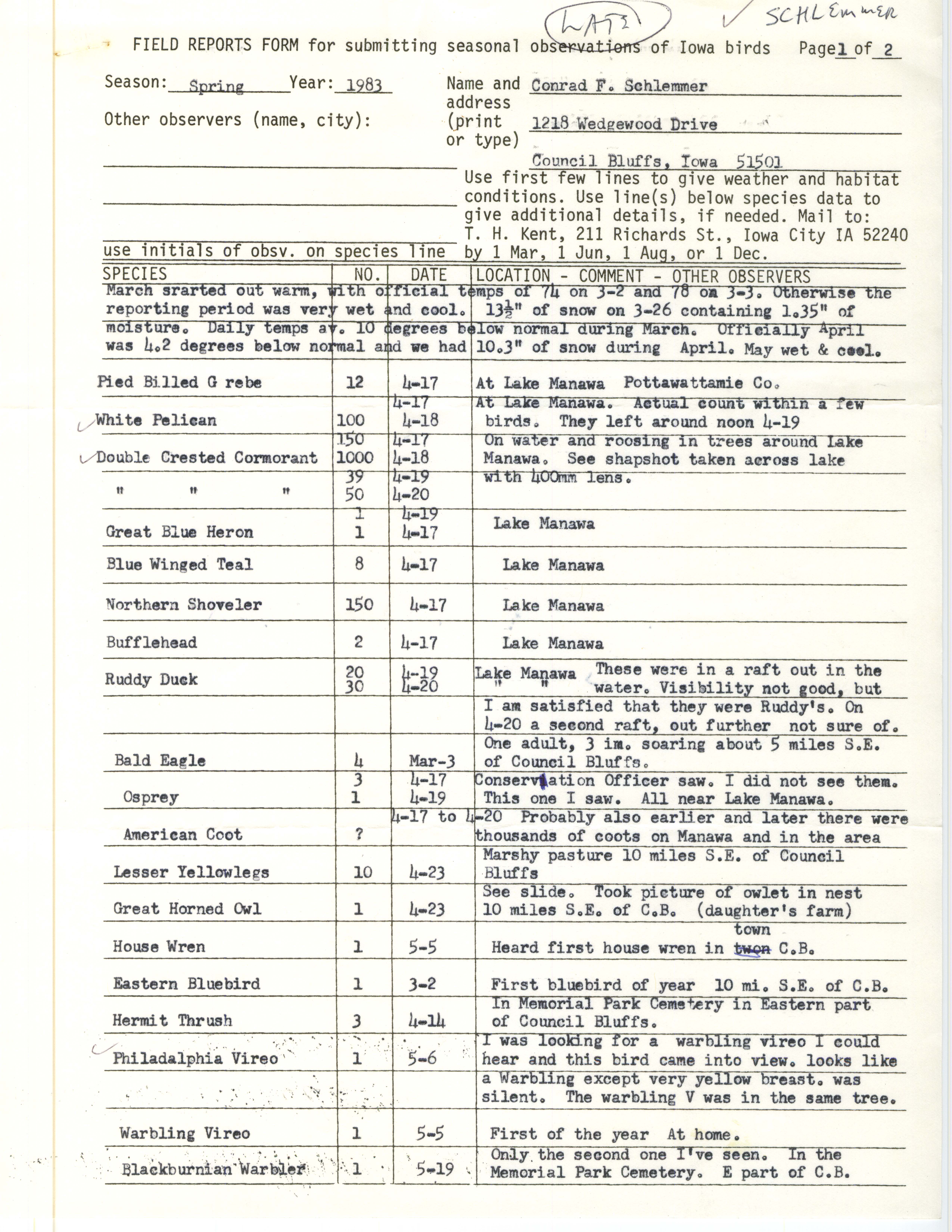 Field reports form for submitting seasonal observations of Iowa birds, Conrad F. Schlemmer, spring 1983