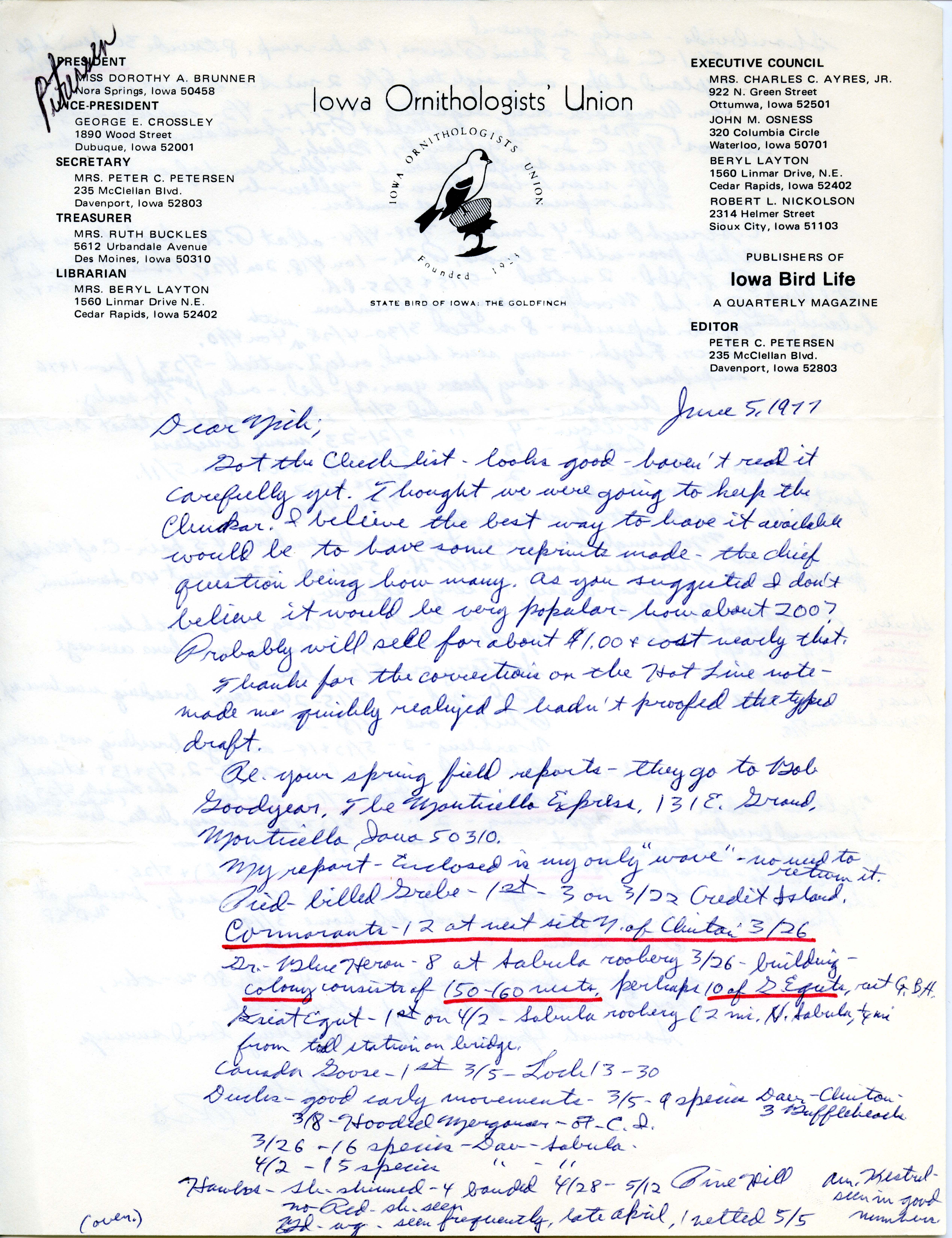 Peter C. Petersen letter to Nicholas S. Halmi reporting spring 1977 bird observations, June 5, 1977