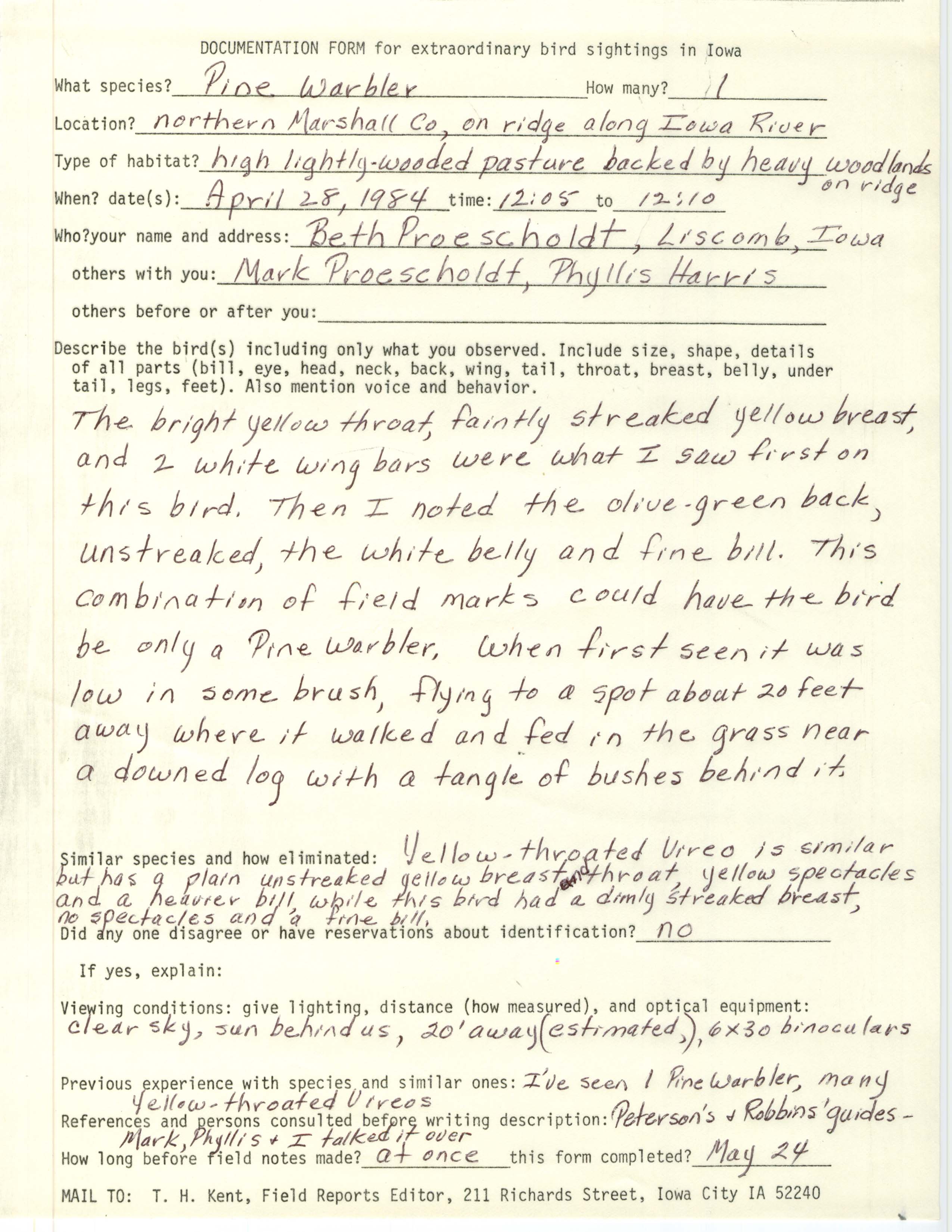 Rare bird documentation form for Pine Warbler in northern Marshall County, 1984