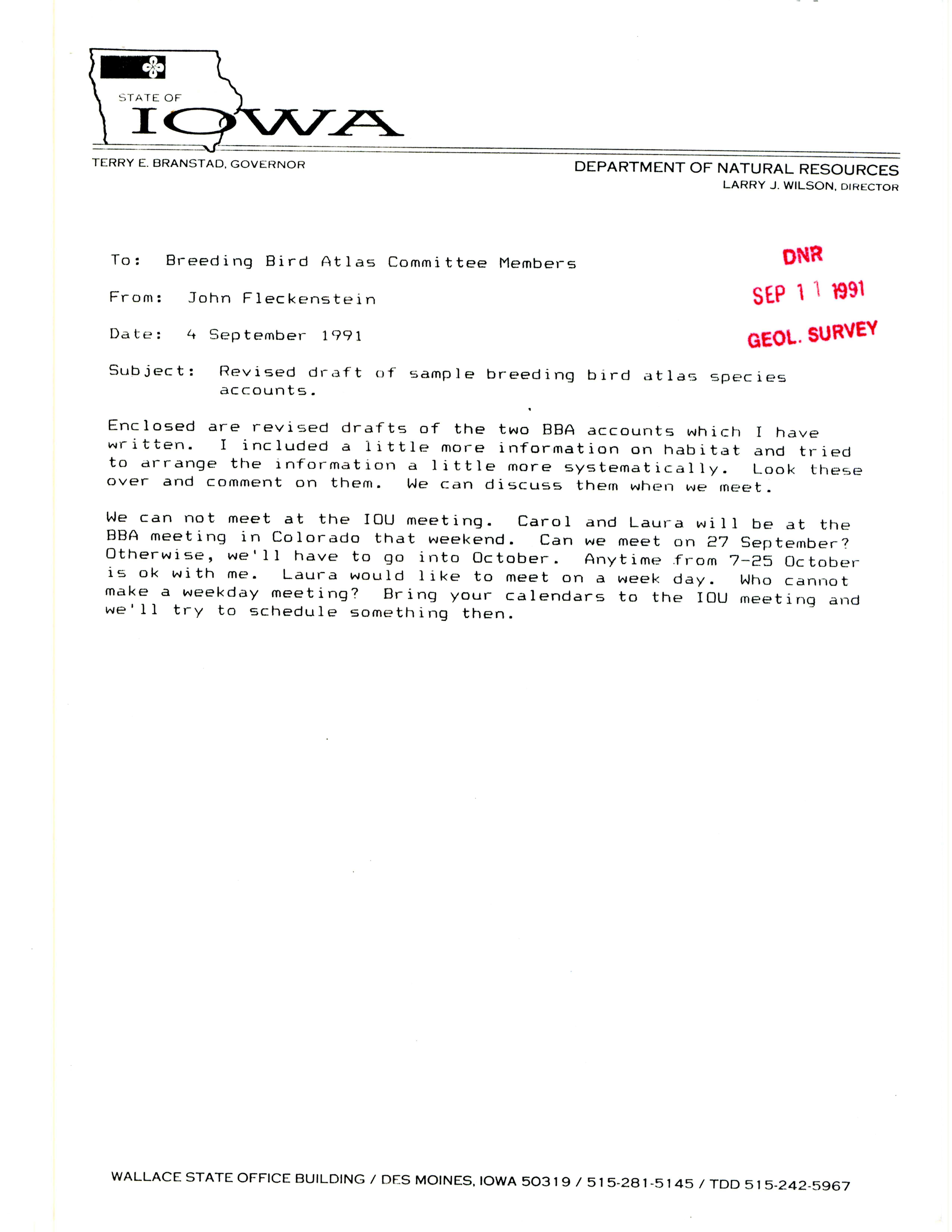 John Fleckenstein letter to the Breeding Bird Atlas Committee members regarding the project, September 4, 1991