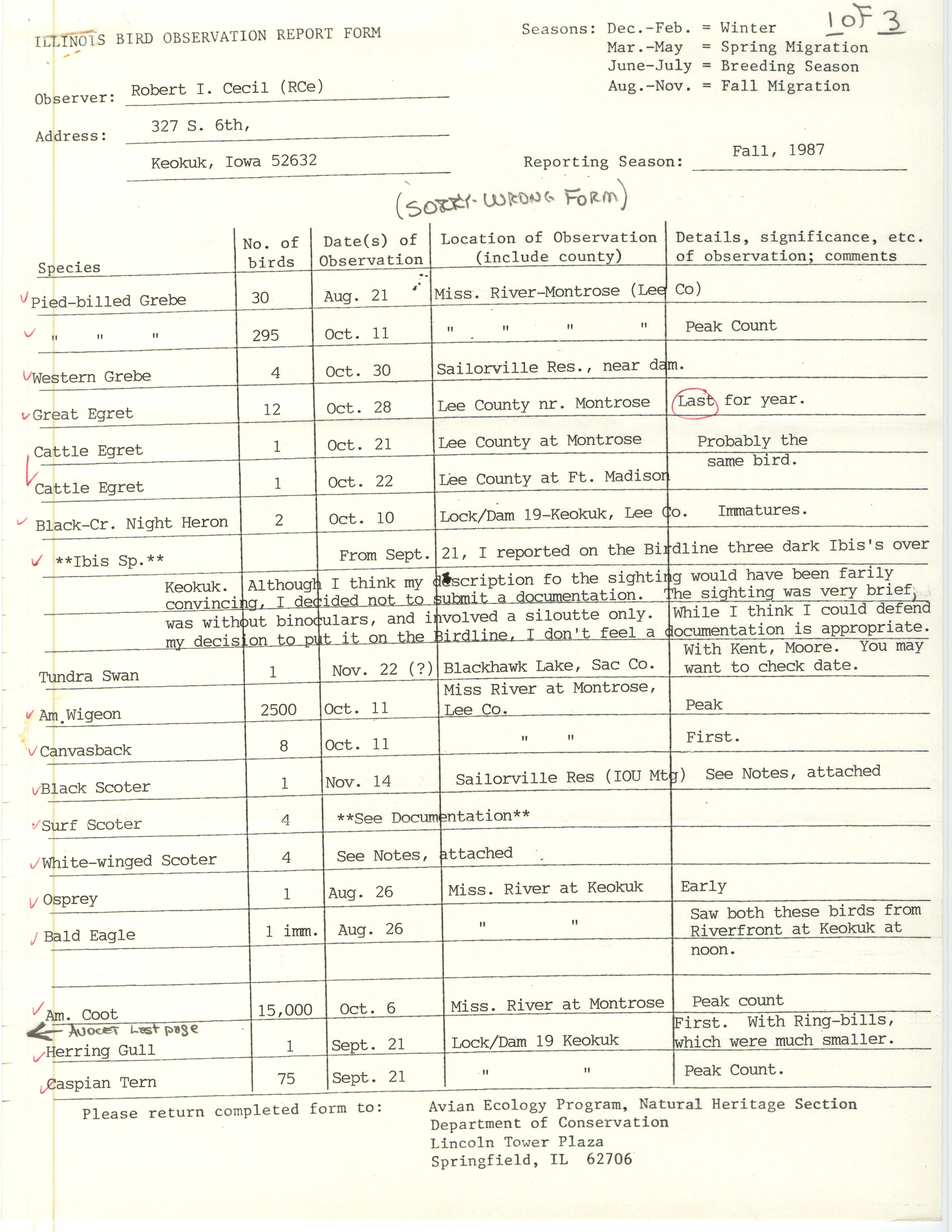 Field reports form for submitting seasonal observations of Iowa birds, Robert I. Cecil, fall 1987