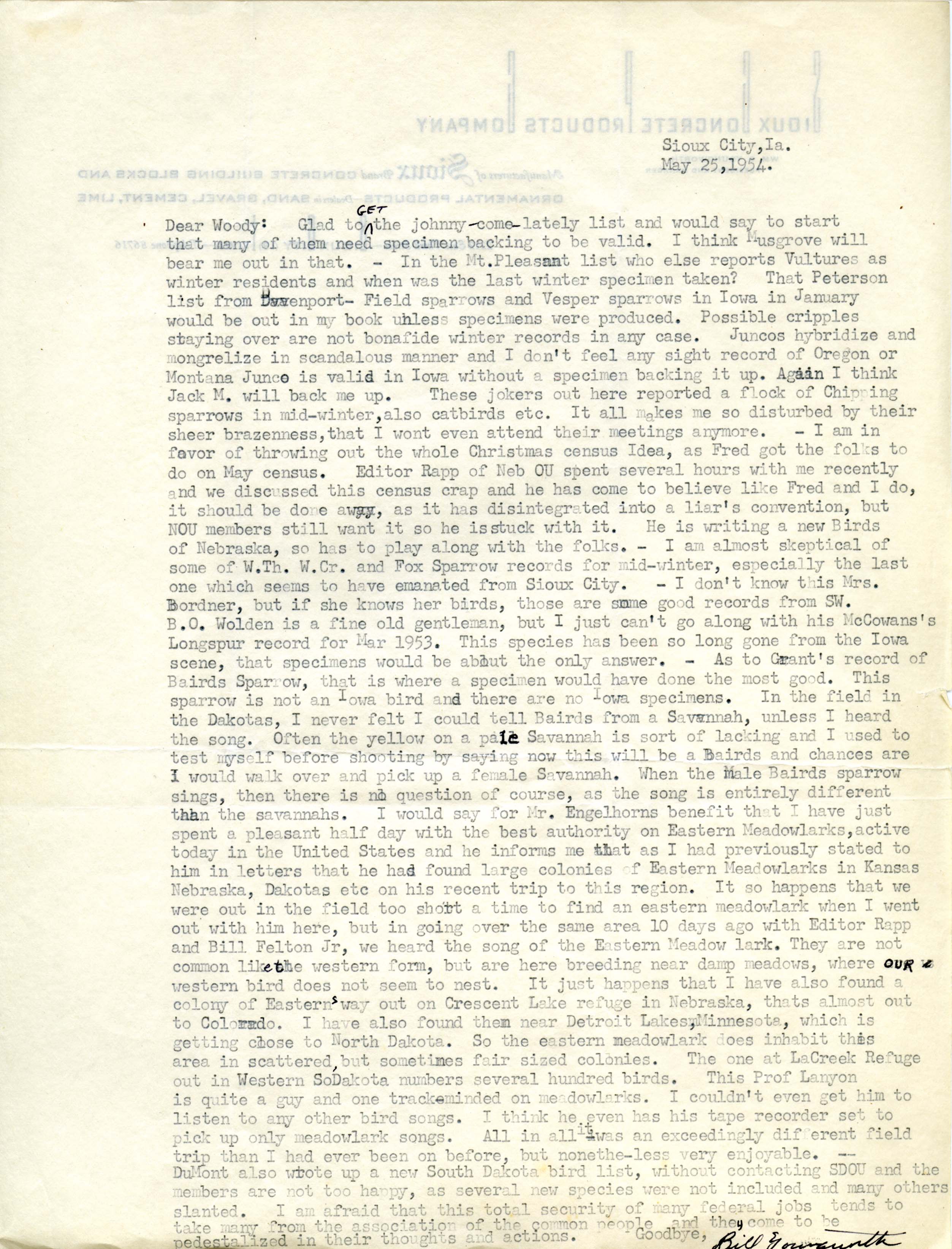 Bill Youngworth letter to Woodward Hart Brown regarding dubious Christmas census reports, May 25, 1954
