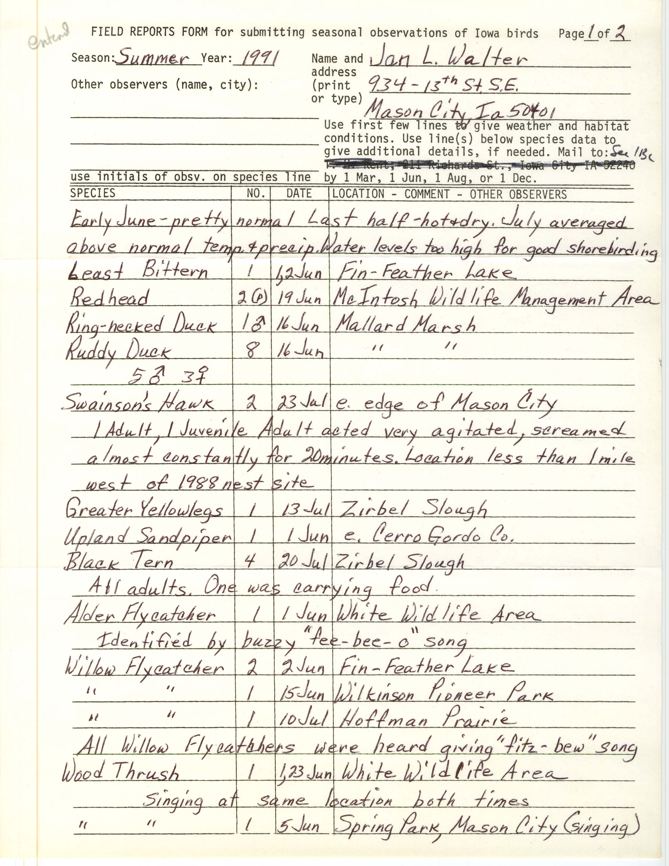 Field reports form for submitting seasonal observations of Iowa birds, Jan L. Walter, summer 1991