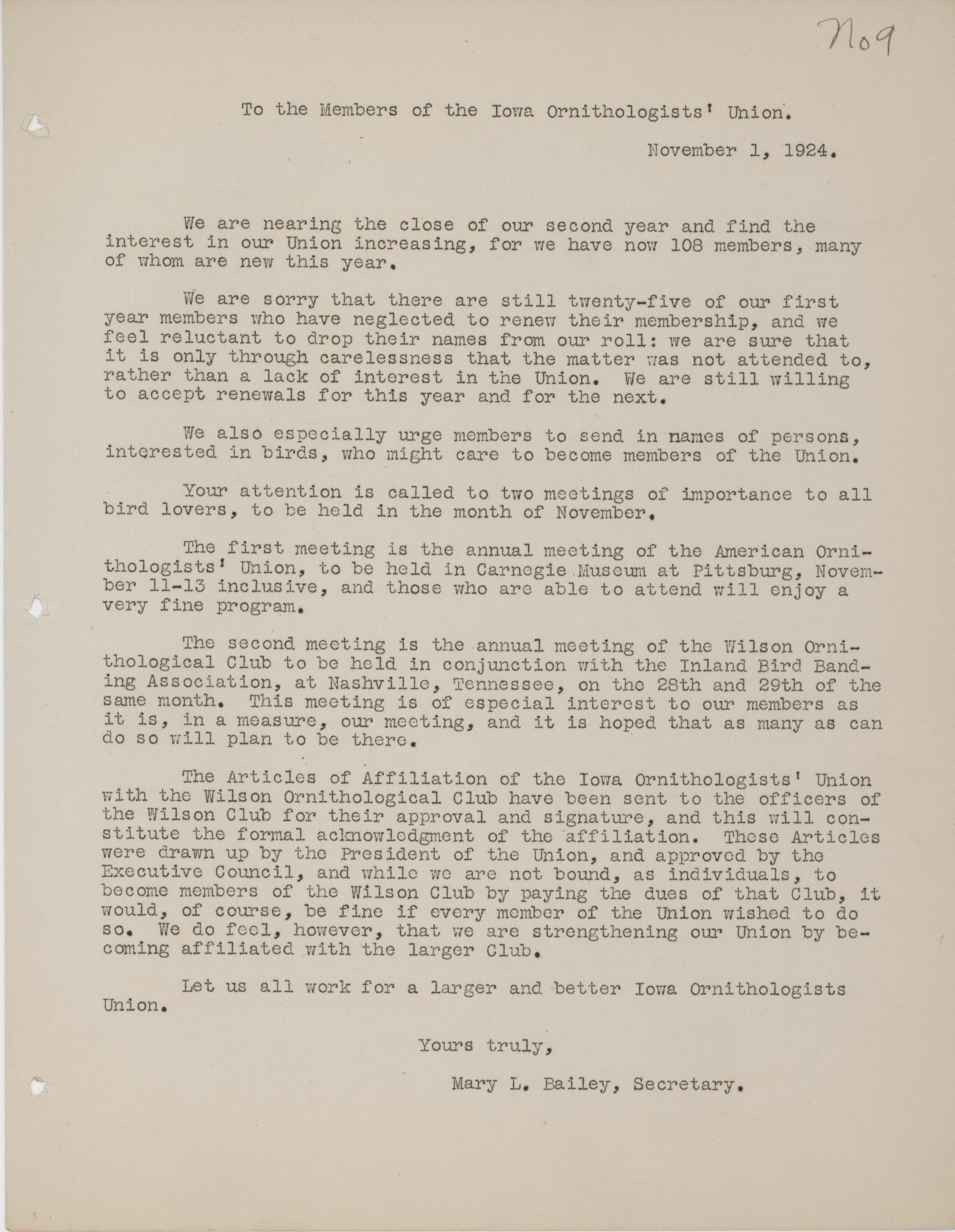 Letter to the members of the Iowa Ornithologists' Union, November, 1, 1924