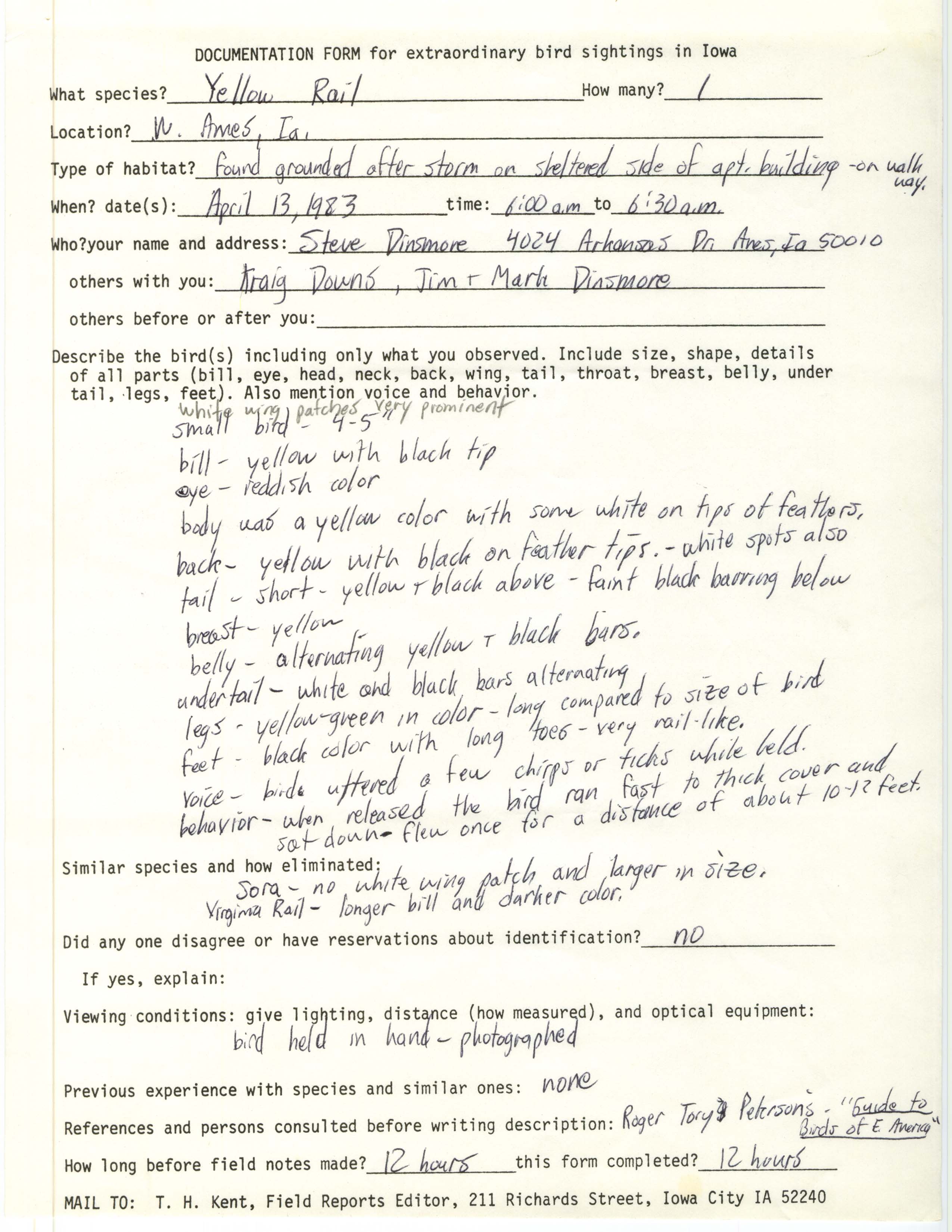 Rare bird documentation form for Yellow Rail at Ames, 1983