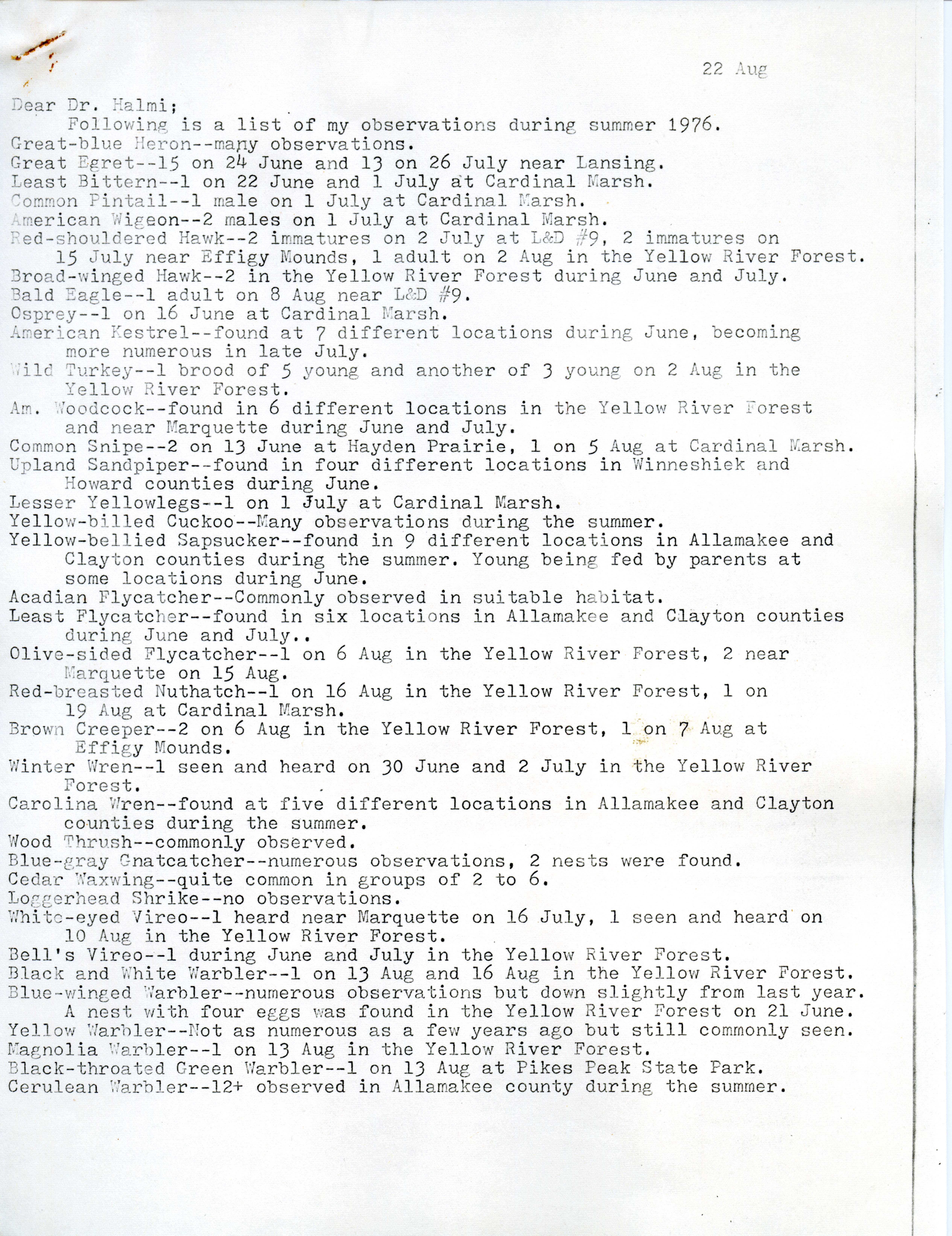 Letter from Darwin Koenig to Nicholas Halmi regarding bird sightings, August 22, 1976